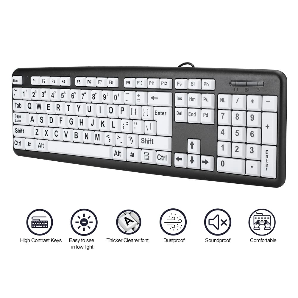 Zopsc 1 Black Computer Keyboard Wired Usb Keyboard Low Vision Keyboard Usb Wired Old People Keyboard With White Large Print Keys