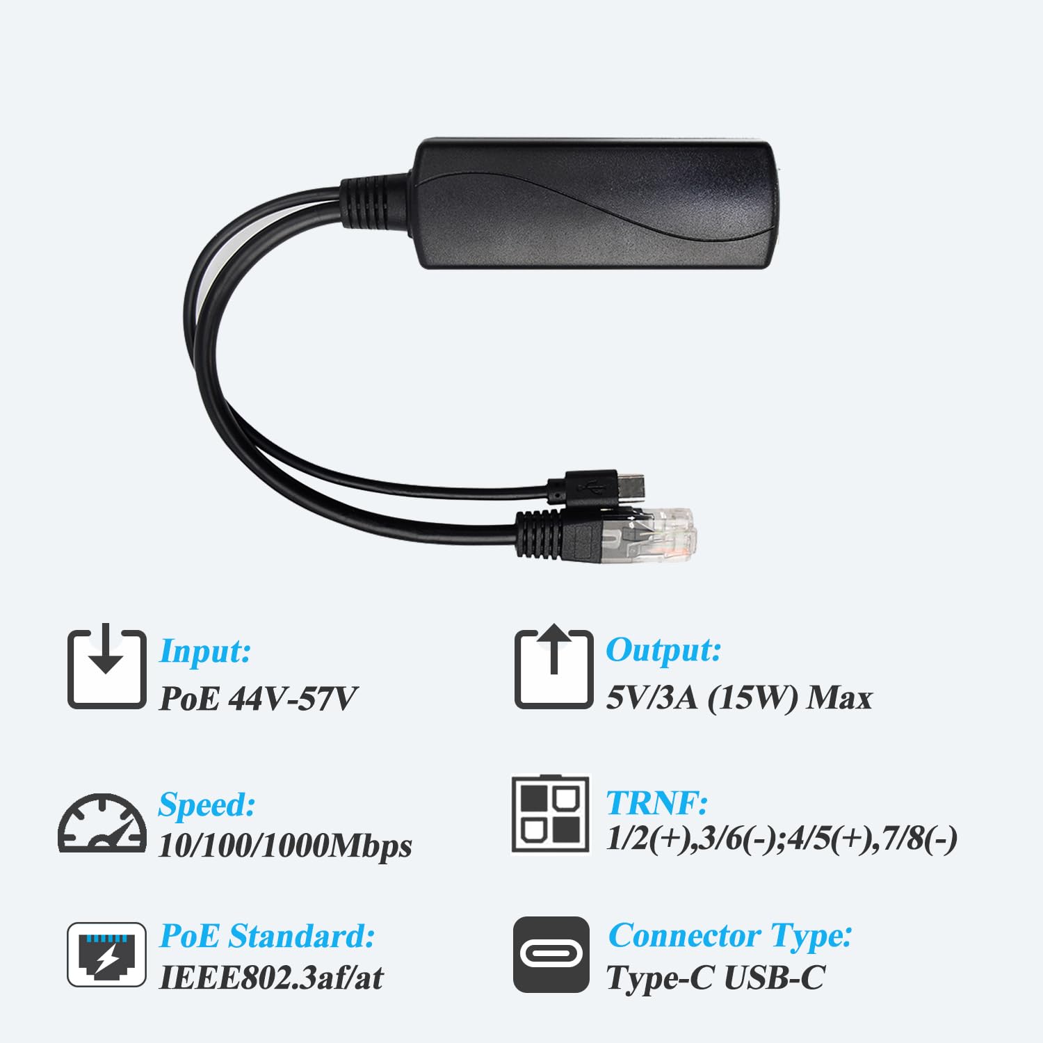Revodata Type C Port Poe Splitter Gigabit 5V/3A, Poe To Usb C 5V/3A Output, Gigabit Ethernet Compatible With Ieee802.3Af/At, Plu