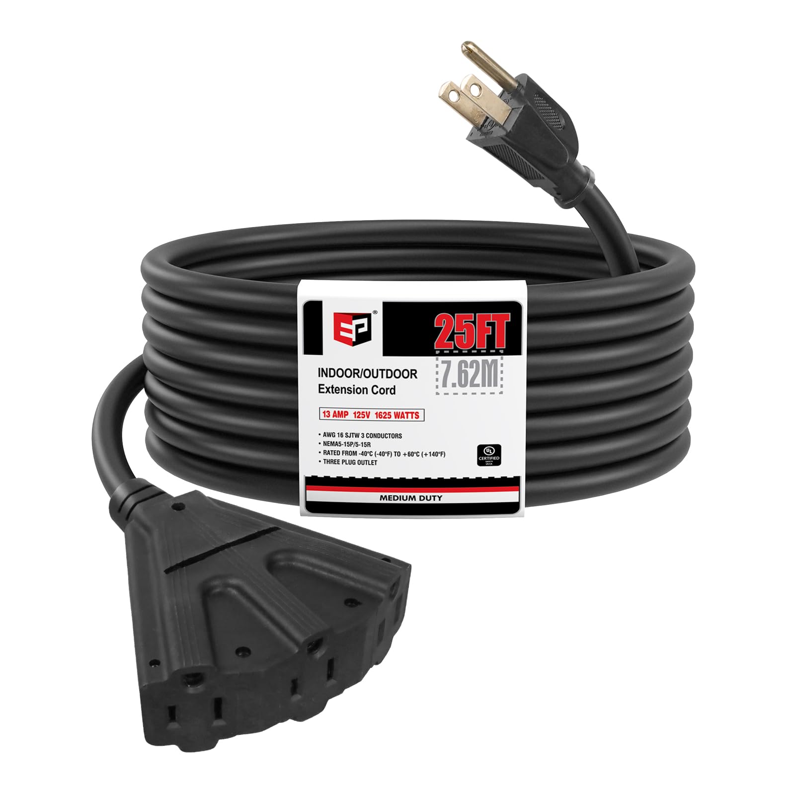 Ep 25 Ft Outdoor Extension Cord With 3 Electrical Power Outlets   16/3 Sjtw Black Cable With 3 Prong Grounded Plug For Safety Gr
