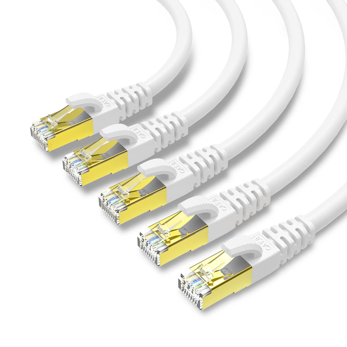 Kasimo Cat 8 Ethernet Cable Sftp Internet Network Patch Cord, Heavy Duty High Speed Lan Cables W Gold Plated Rj45 Connector Professional For Router, Modem, Gaming, Xbox (3 Feet, 5 Pack White)