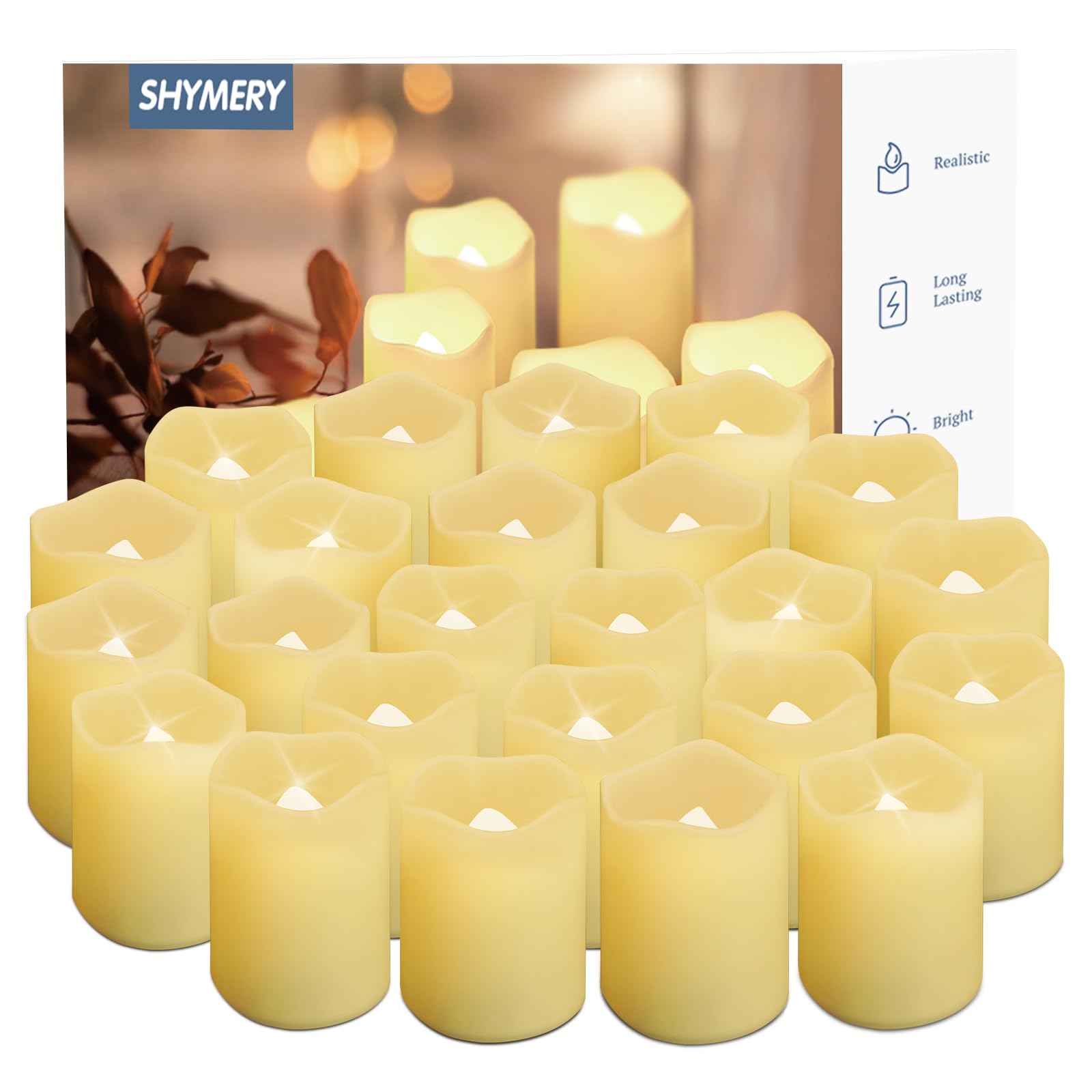Shymery Flickering Flameless Votive Candles With Timer, 24 Pack 15 Days Longer Battery Operated Led Tea Lights In Warm White For