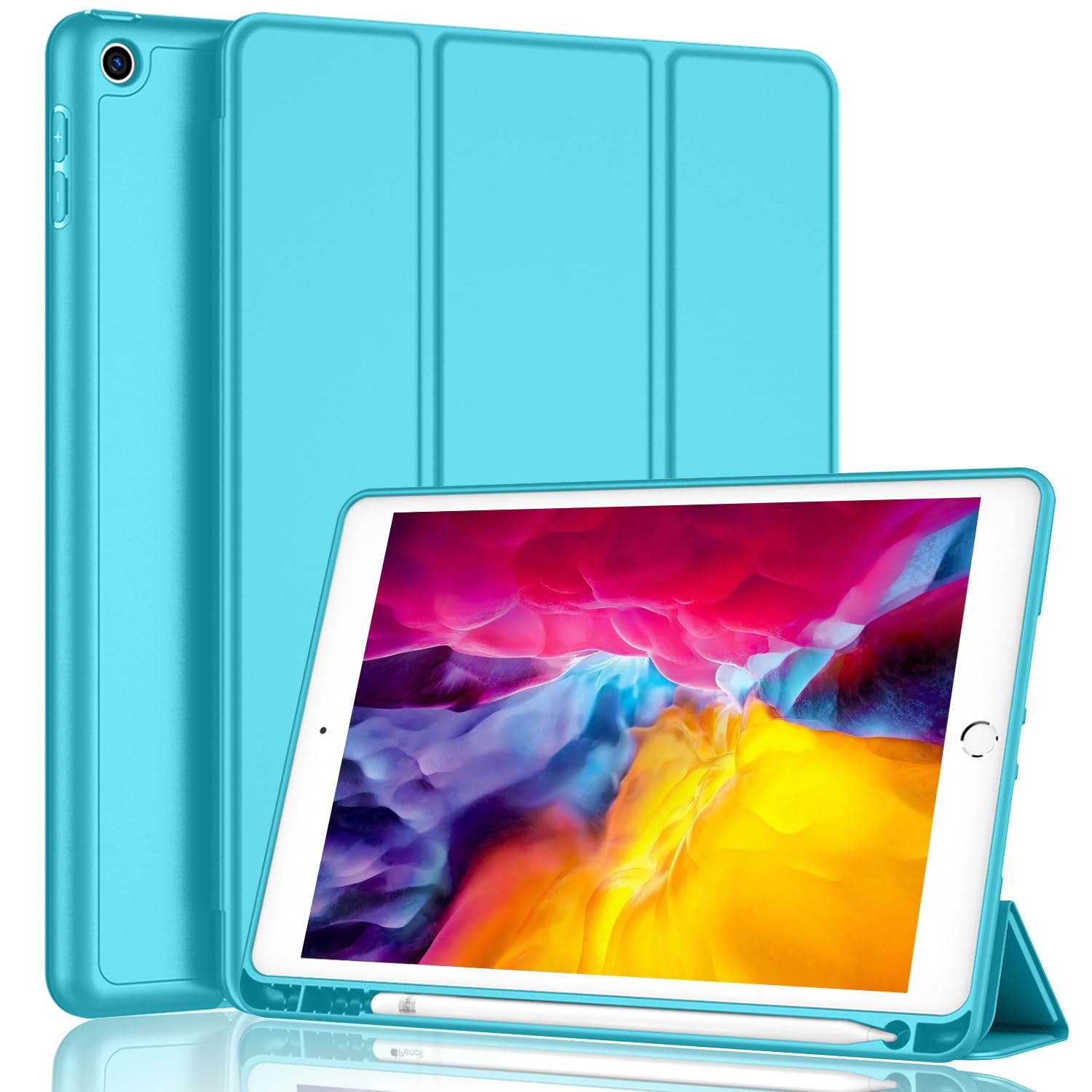 Imieet Ipad 9Th Generation Case 2021/Ipad 8Th Generation Case 2020 10.2 Inch With Pencil Holder, Ipad 7Th Gen 2019 Case With Soft Baby Skin Silicone Back, Auto Wake/Sleep Cover (Cyan)