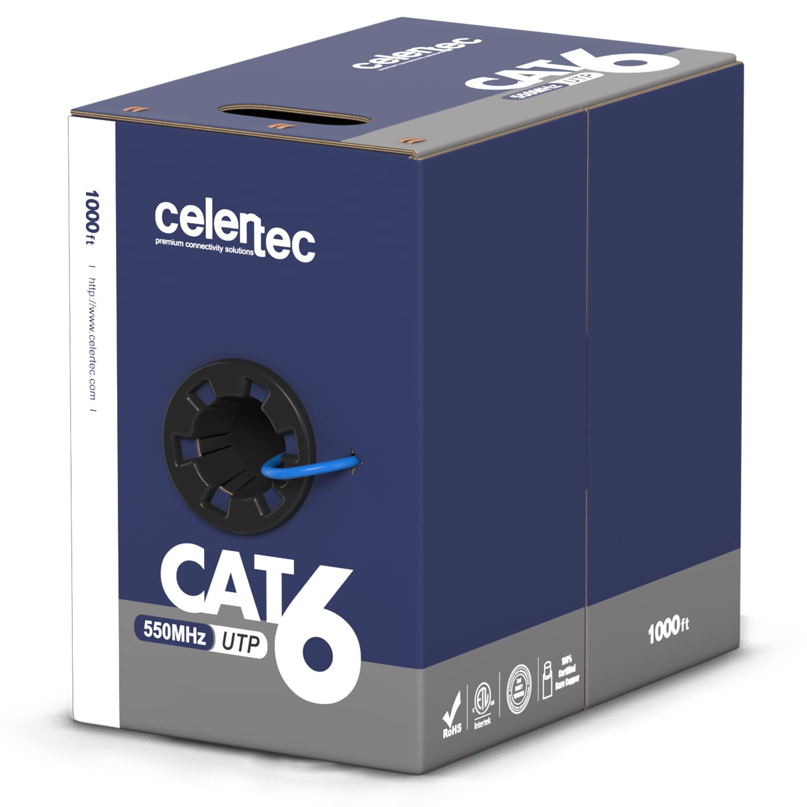 Celertec Cat6 Ethernet Cable, 1000Ft, 23Awg Solid Bare Copper, Unshielded Twisted Pairs(Utp), 550Mhz, Etl Listed &Cmr Riser Rated, Indoor, Bulk Ethernet Cable, Pull Box  Blue