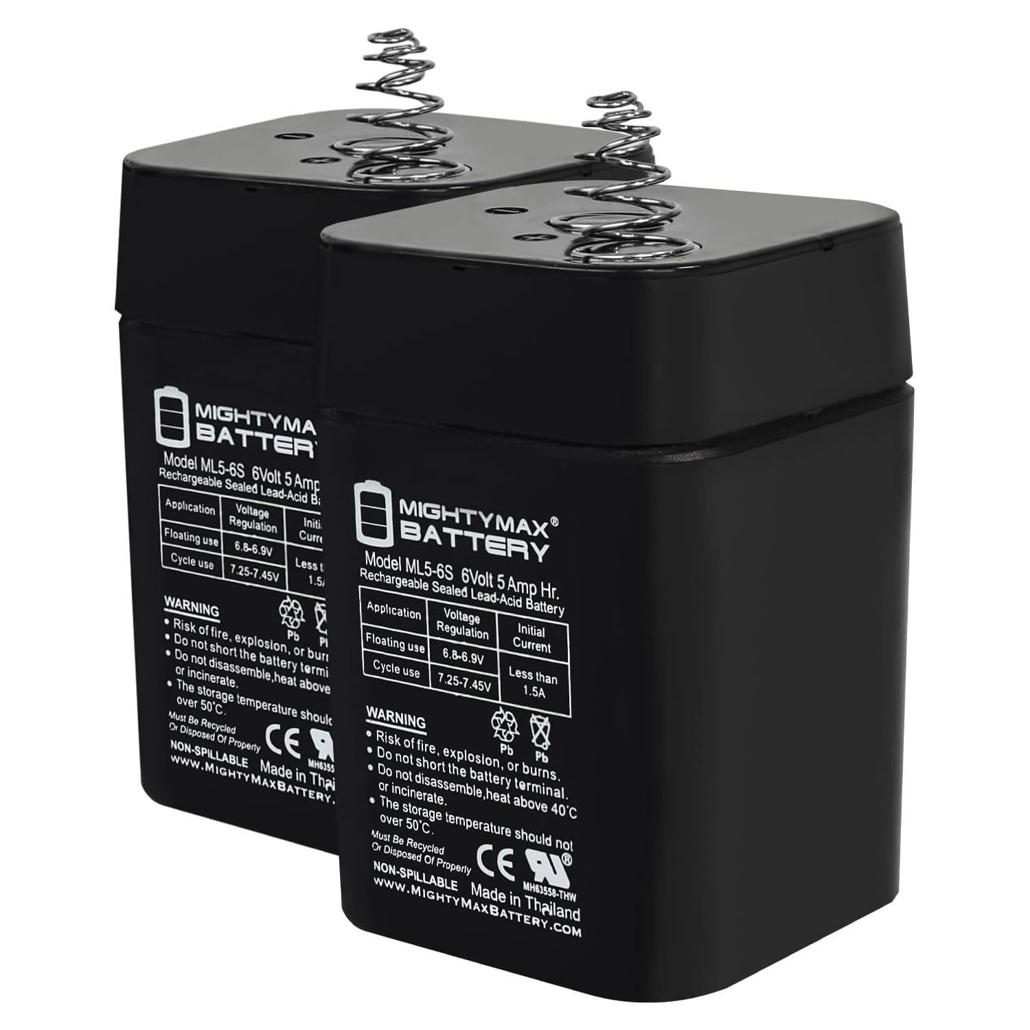 Mighty Max Battery ML5-6S -6 Volt 5 AH, Spring S2 Terminal, Rechargeable - Pack of 2