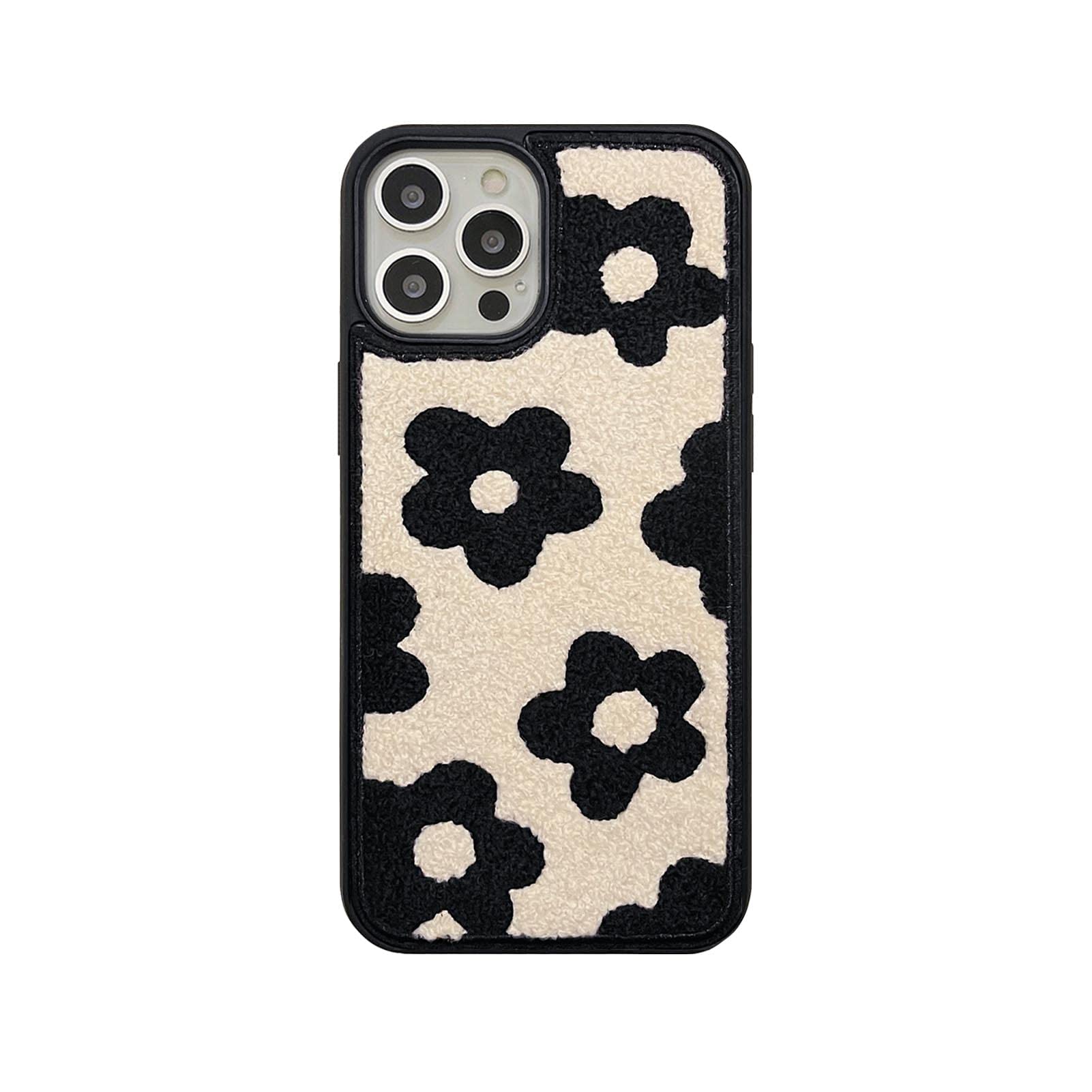Tewwsdi iPhone 13 Pro Max Retro Warm Fur Fluffy Phone Case TPU Terry Velvet Small Black Flower
