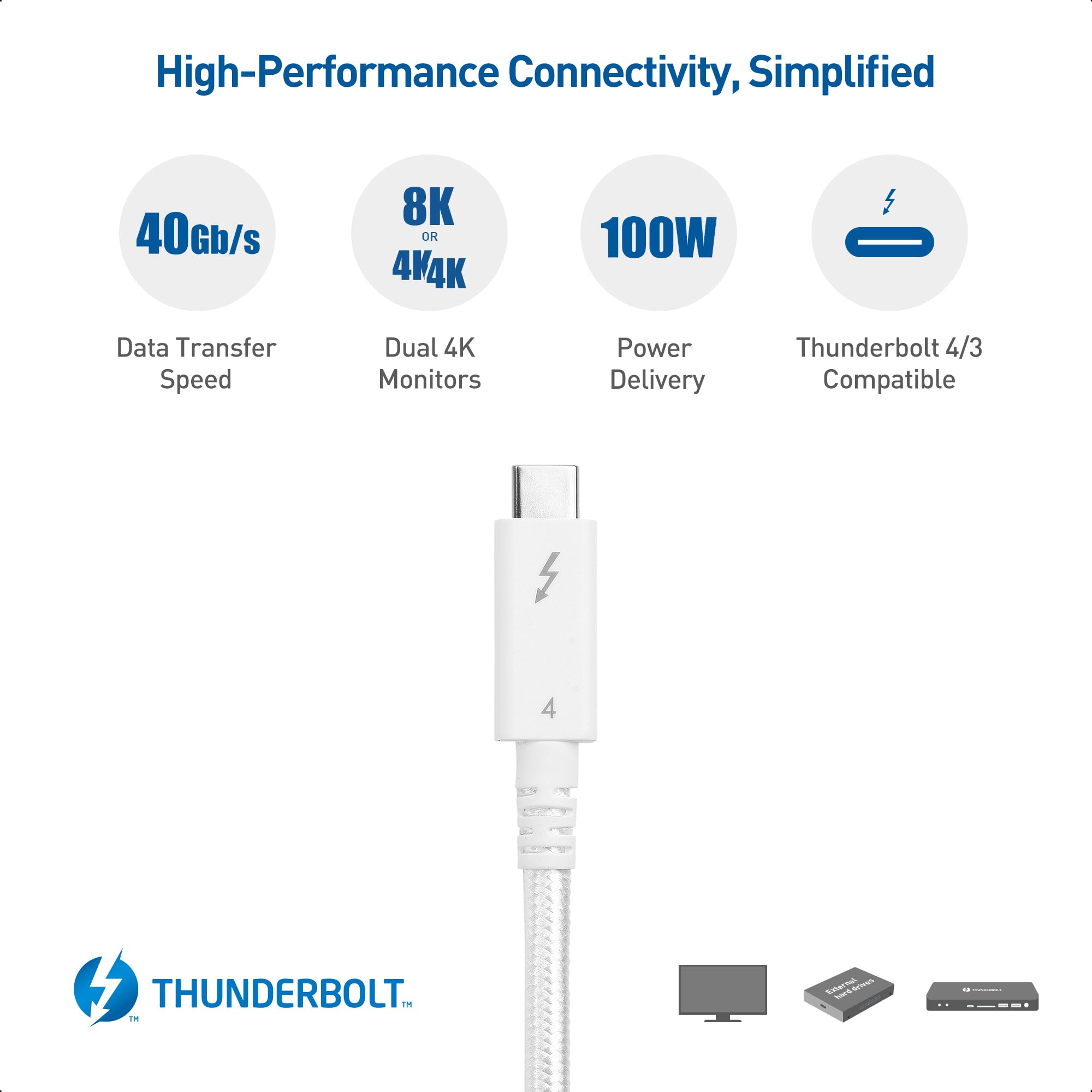 Cable Matters [Intel Certified] Braided 40Gbps Active Thunderbolt 4 Cable 6.6 ft in White with 100W Charging Power Delivery and 8K Video   Fully Compatible with Thunderbolt 3, USB 4 / USB4, and USB C
