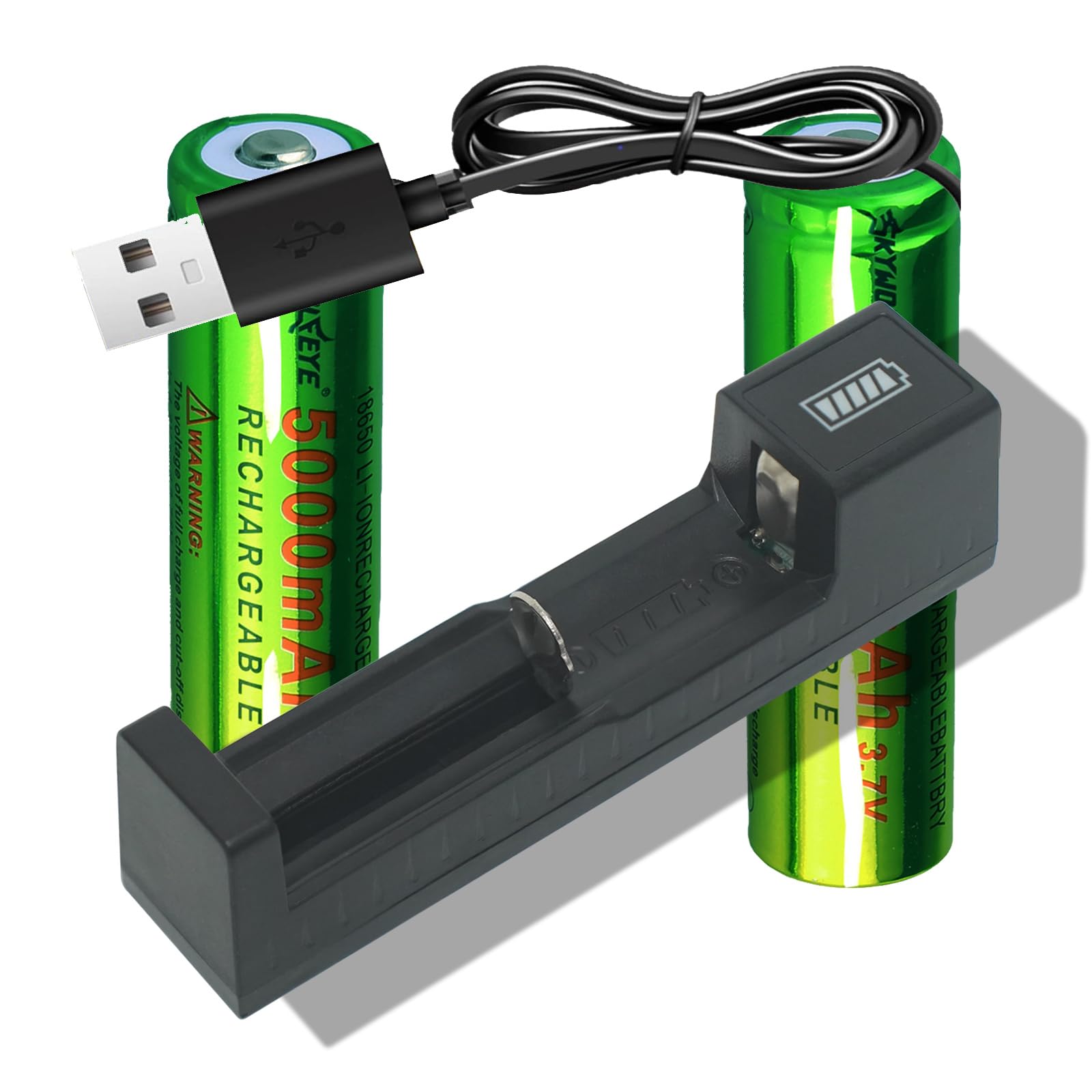 Skywolfeye 2 Pack 18650 Rechargeable Battery 5000Mah With 18650 Battery Charger,Universal Charger Single Slot For 3.7V Rechargea