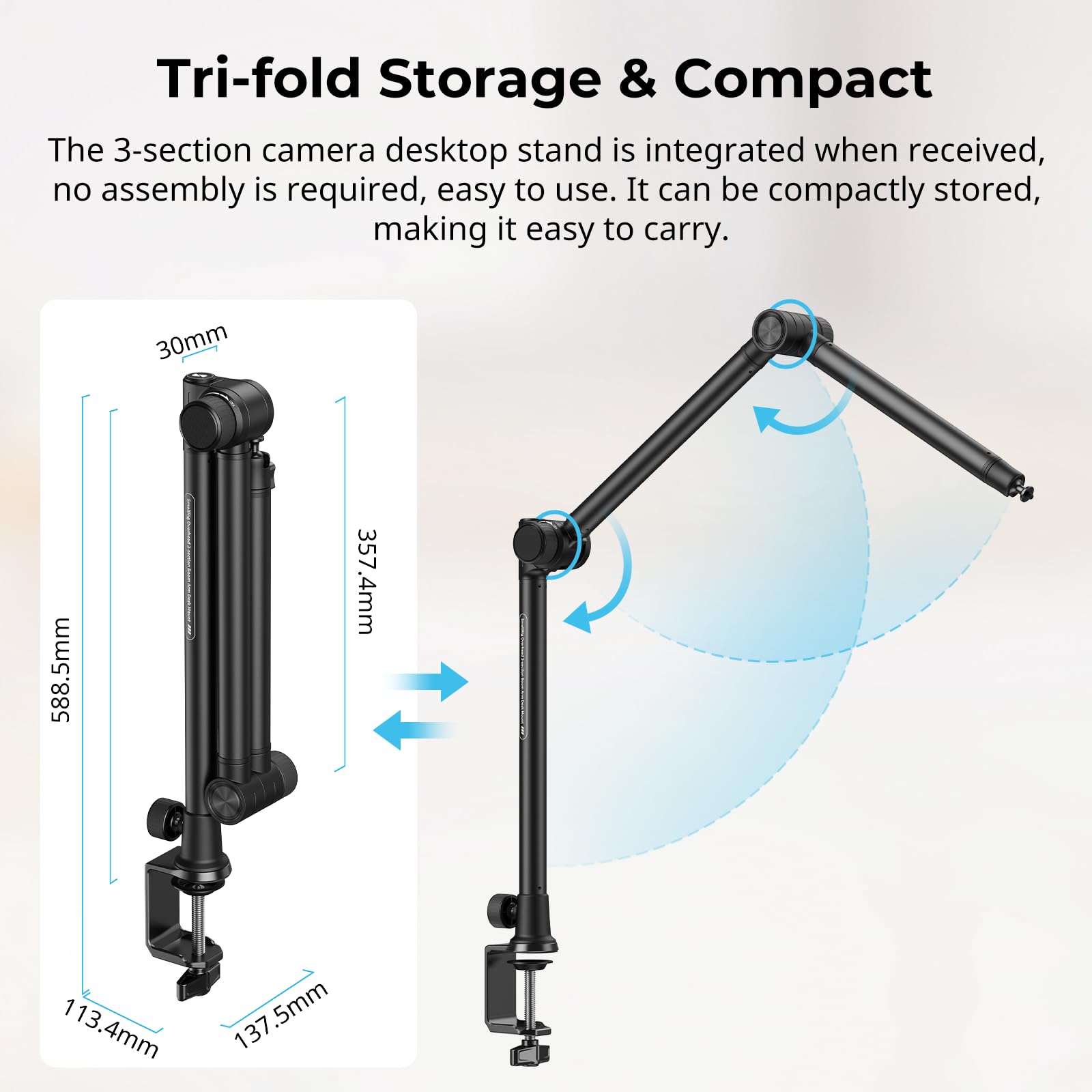 Smallrig Overhead 3-Section Desktop Camera Bracket, Damping Boom Arm Desk Mount With 360 Rotatable Ball Head, Tabletop C Clamp,