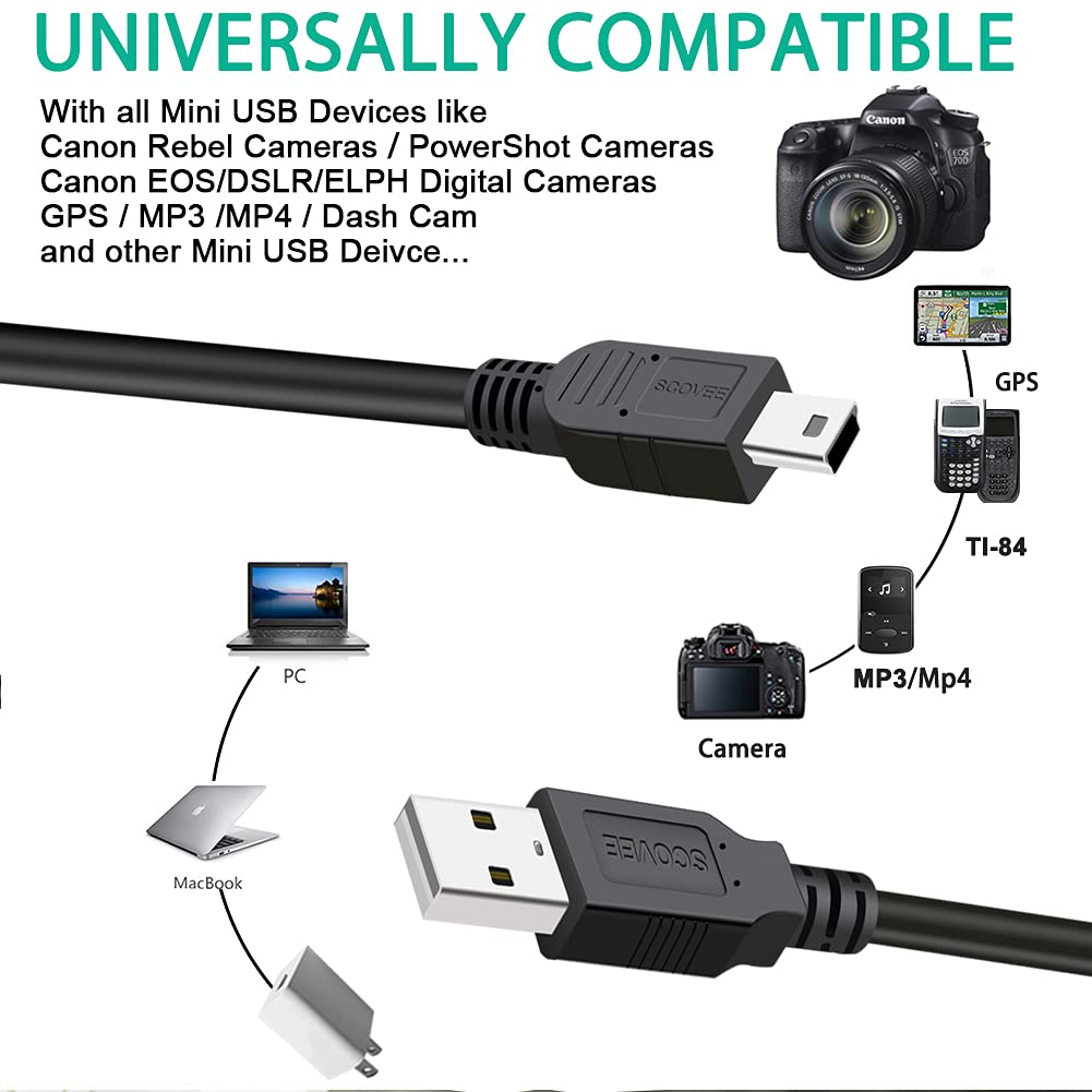 Scovee 10Ft Camera Usb Cable Cord For Canon Rebel/Powershot/Eos/Dslr/Elph Digital Cameras, Transfer Wire Data Cable For Canon Rebel Camcorder,Vixia Pc Computer Interface Charger Replacement