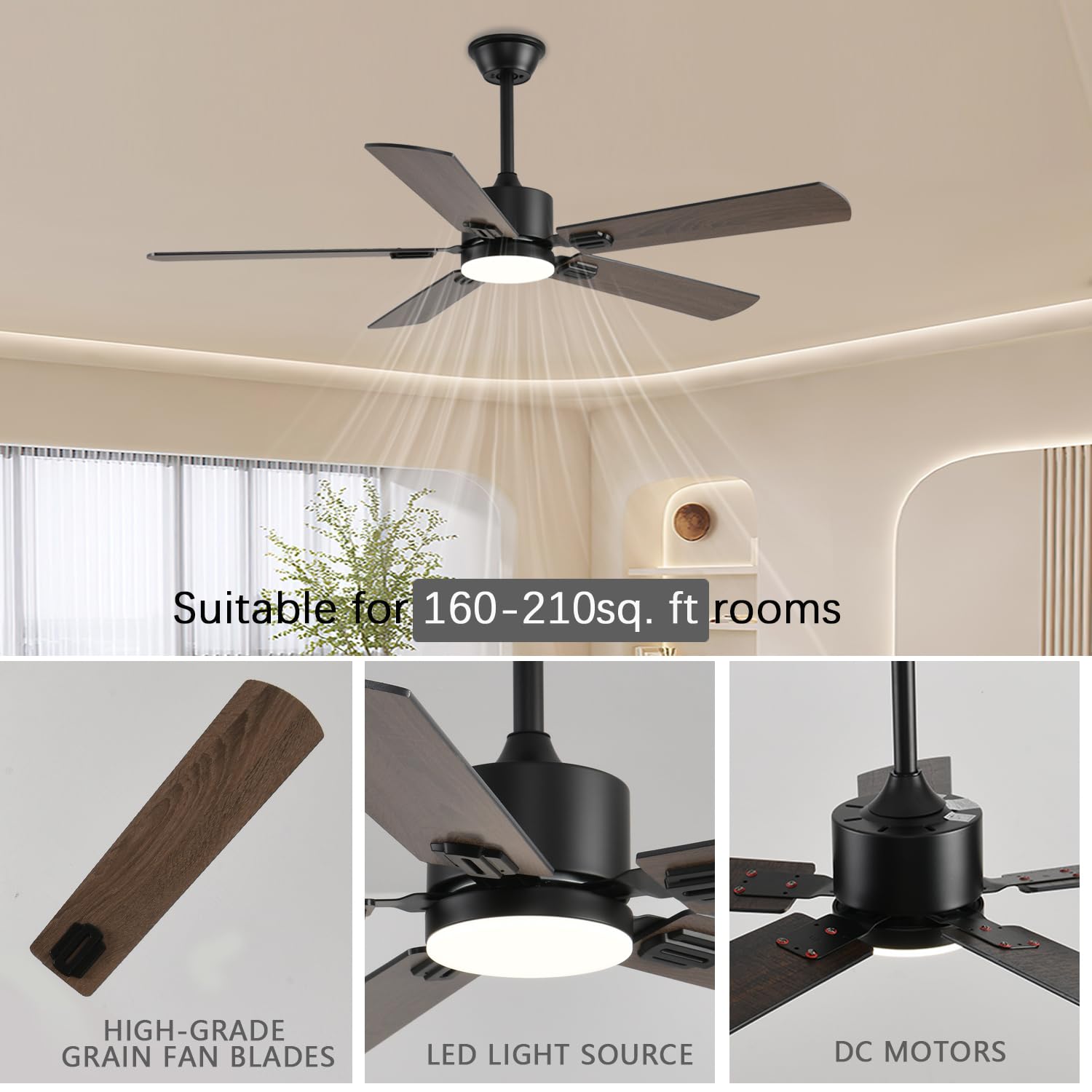 52 Inch Modern Ceiling Fans With Lights App/Remote Control, Low Profile Reversible 6 Speeds Dimmable Ceiling Fan Light For Indoo