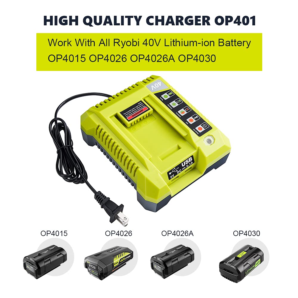 40V Charger For Ryobi, Hipoke Op401 Lithium Ion Battery Charger For Op4015 Op4026 Op4026A Op4030 Op4040 Op4050 Op4050A Op4060 Op