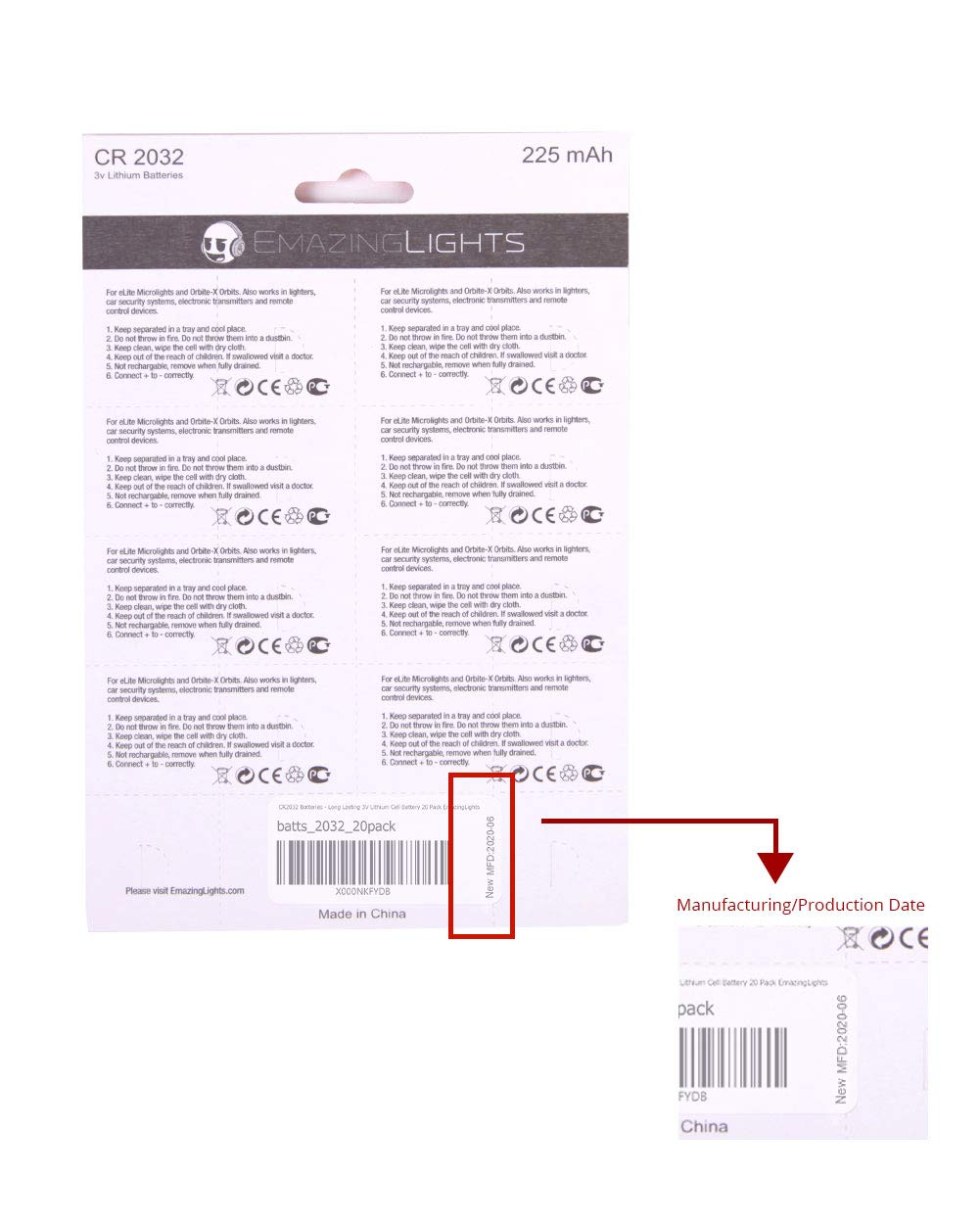 Emazinglights Cr2032 Batteries 3 Volt Lithium Coin Cell 3V Button Battery (20 Pack)