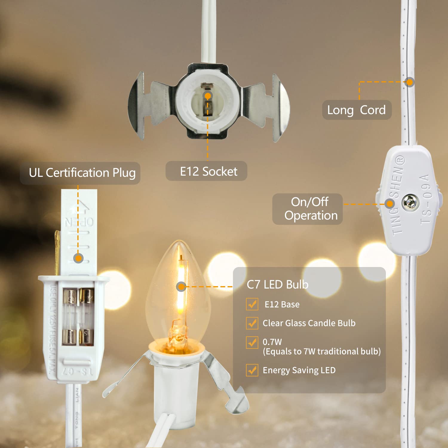 2 Pack Accessory Cord With 2 C7 Led Light Bulb Candelabra Base E12 Socket White Cord With On/Off Switch Plugs For Holiday Decora