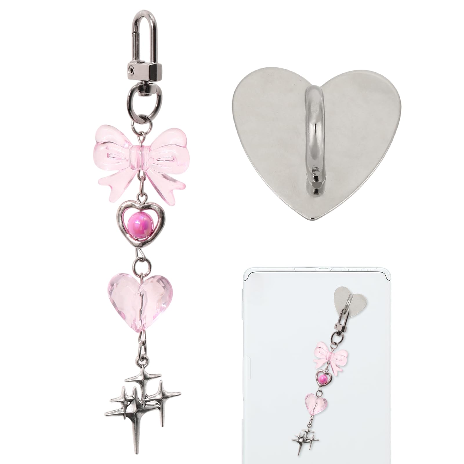 Charm Chains for Kindle, Delicate Cute E-Reader Charm Keychain with Bow Heart Four-Pointed Star Hook Decorative Elements for Boo