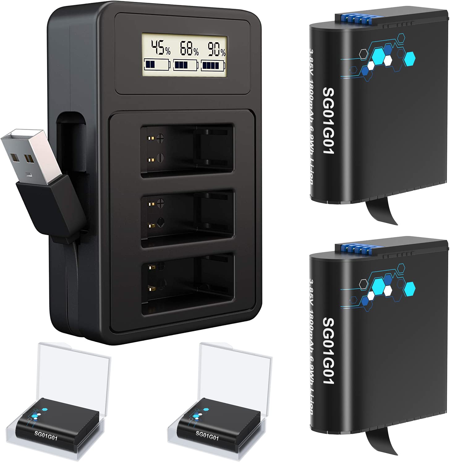 Tomsheir Battery 1800Mah(2 Pack) And Usb Fast Charger Replacement Battery For Gopro Hero 8/7/6/5 Black (Fully Compatible With Or