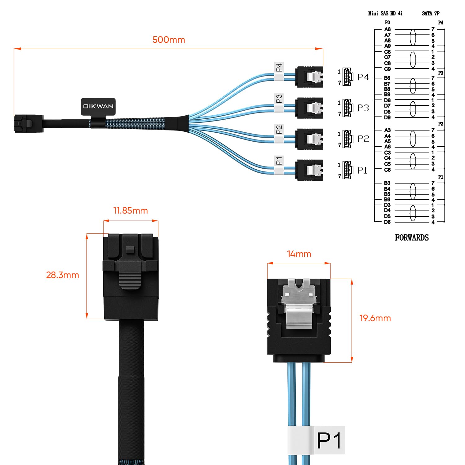 Oikwan Internal Mini Sas To Sata Cable, Sff 8643 To Sata Forward Breakout Compatible With Raid Controller Hard Drive (3.3Ft)
