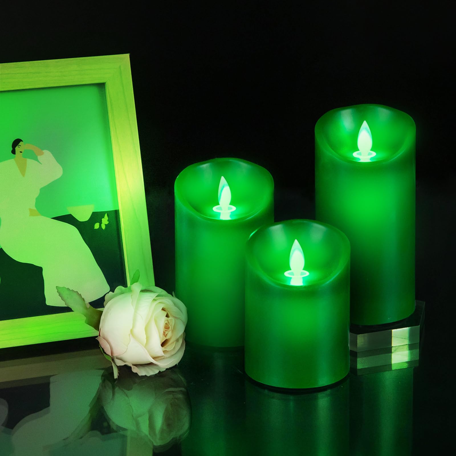 Windshell Green Flame Candles (Green Led Light Source), Moving Wick Design, Real Wax/Battery Operated, Remote Control With Timer