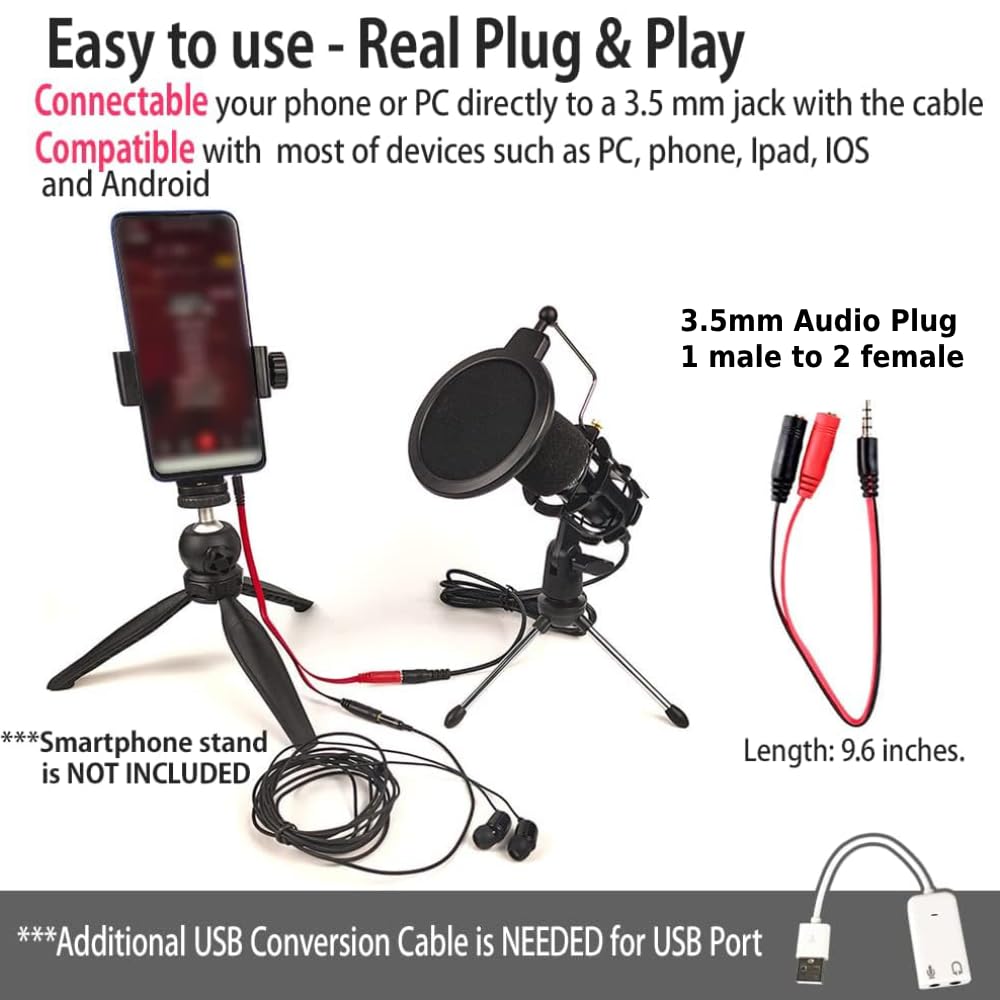 Japard Gaming Usb Microphone For Pc High Sensitivity, Mini Condenser 3.5 Mm Plug, Broadcast Music Recording Set For Computer Mee