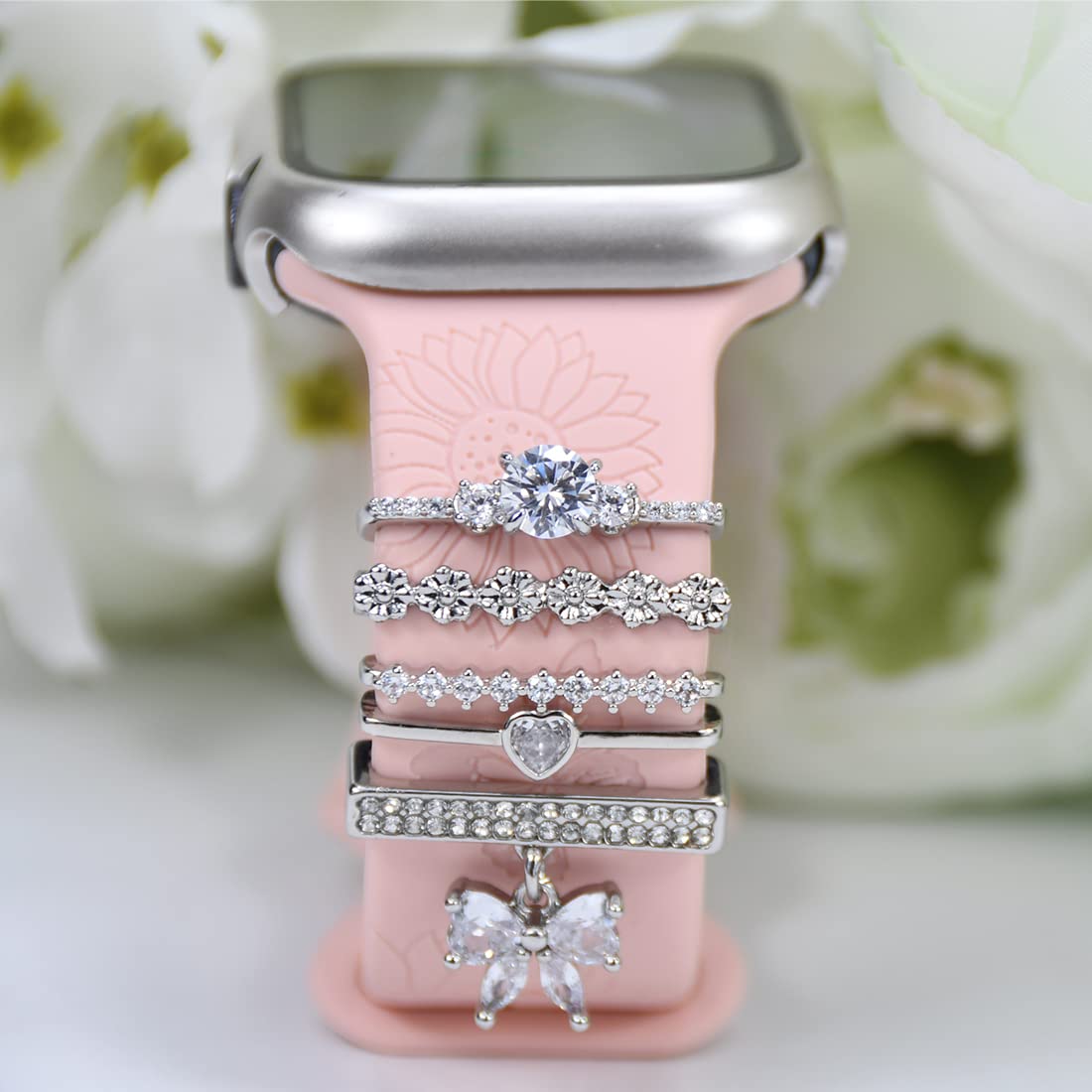 Sunoreek Silver Watch Band Charms For Apple Women, Iwatch Bands Charms , Heart Decorative Rings Loops For Apple Watch Silicone B