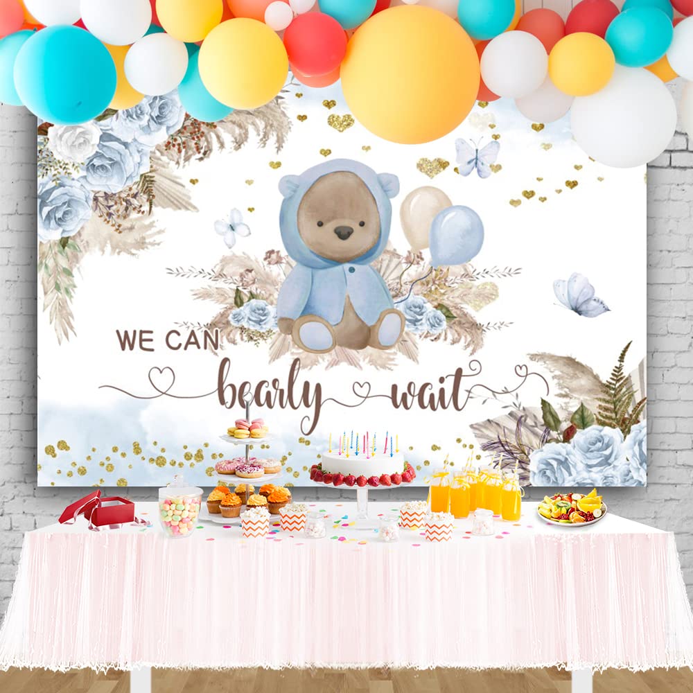 Ofila We Can Bearly Wait Backdrop For Boy'S Boho Baby Shower Party Decorations 10X8Ft Blue Floral Bohemian Pampas Grass Lovely B