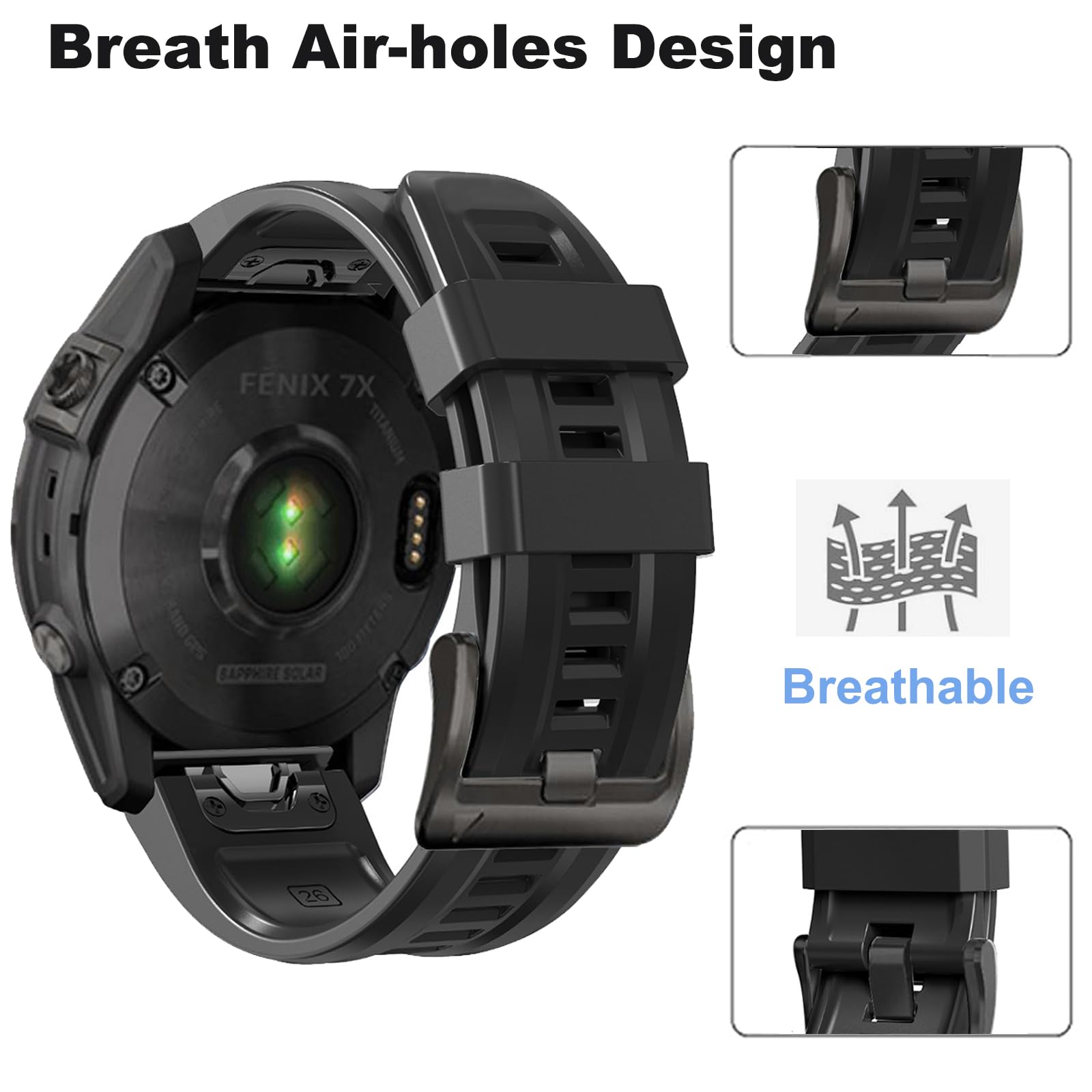 Threeeggs 26Mm Quickfit Watch Band For Garmin Fenix 7X 6X 5X, Silicone Bands Strap For Fenix 8 51Mm, Fenix 3/3 Sapphire, Descent