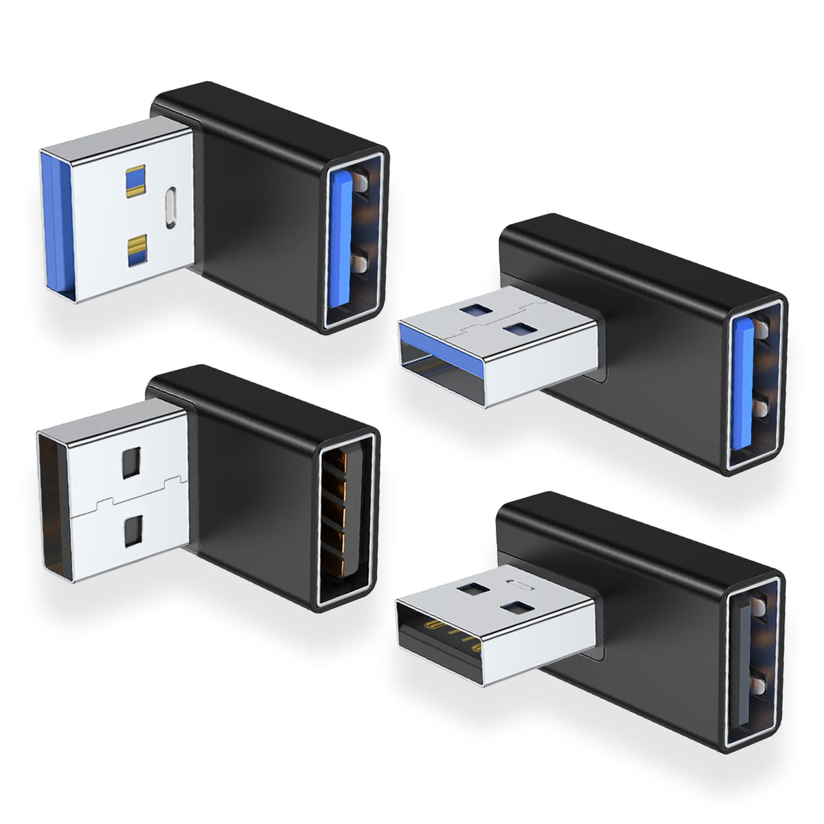 Areme 90 Degree Usb 3.0 Adapter 4 Pack, Up And Down Angle, Left And Right Angle Usb A Male To Female Converter Extender For Pc, Laptop, Usb A Charger, Power Bank And More (Black)