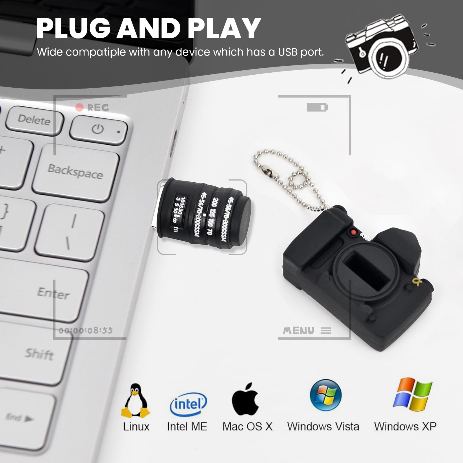 Novelty Cute Cartoon Usb 2.0 Flash Drive Data Storage Memory Stick Camera Shape Usb Stick Pendrive Gift (16Gb, Camera Black)