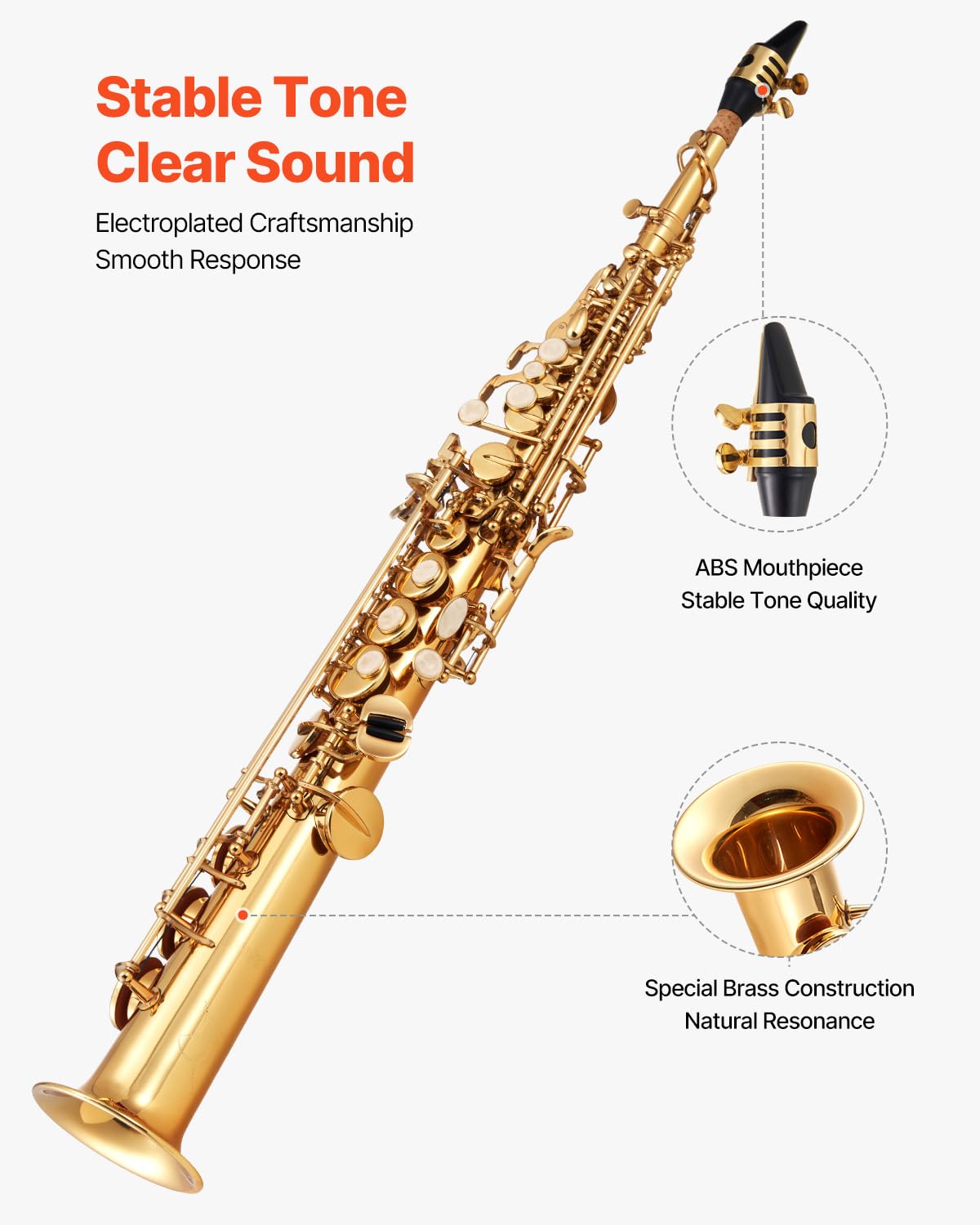Vevor Straight Soprano Saxophone, B Flat, Brass Saxophone Beginner Kit With Carrying Case, Mouthpiece, Cleaning Cloth Rod, Glove