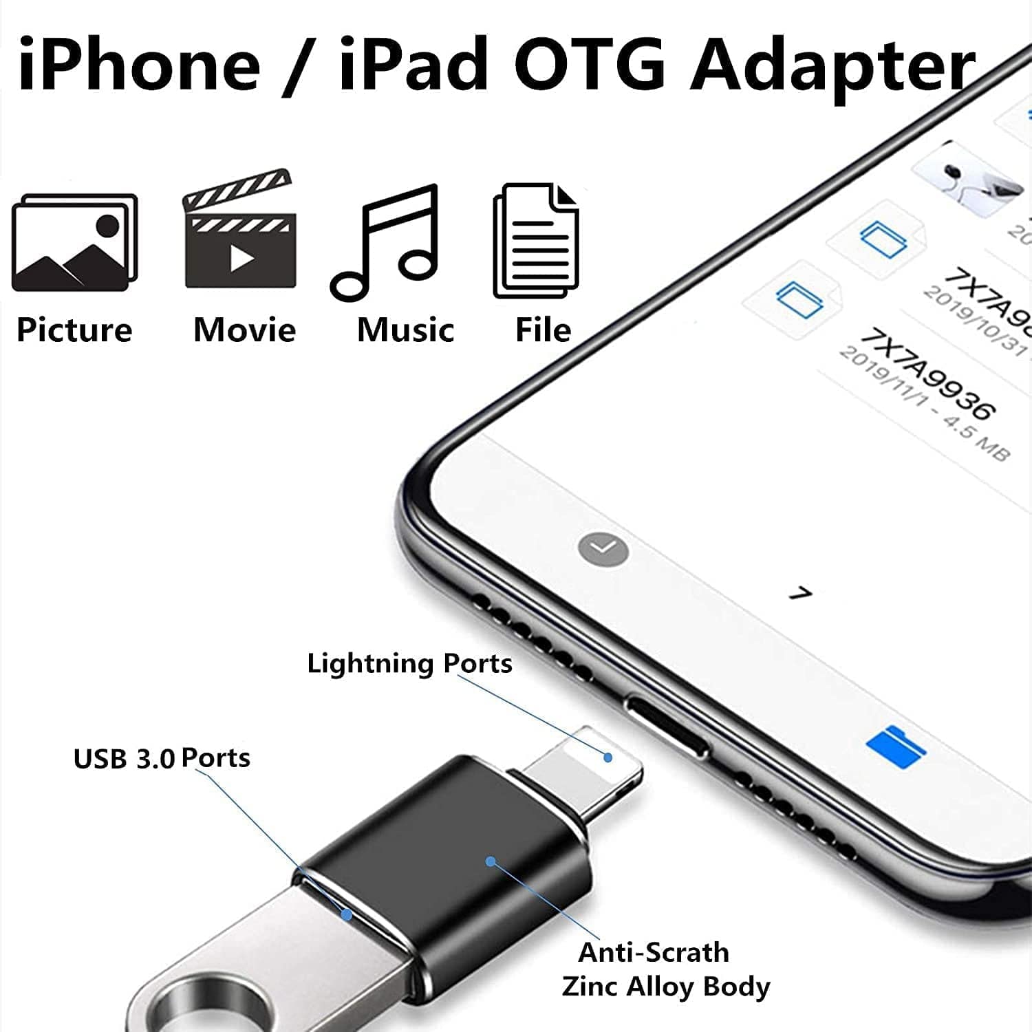 Lightning Male To Usb3.0 Female Adapter Otg Cable [Apple Mfi Certified]Painica Usb Otg Data Sync Converter For Iphone/Ipad/Ipod Support Camera Card Reader, Mouse, Keyboard, Hubs, Connect U Disk Black