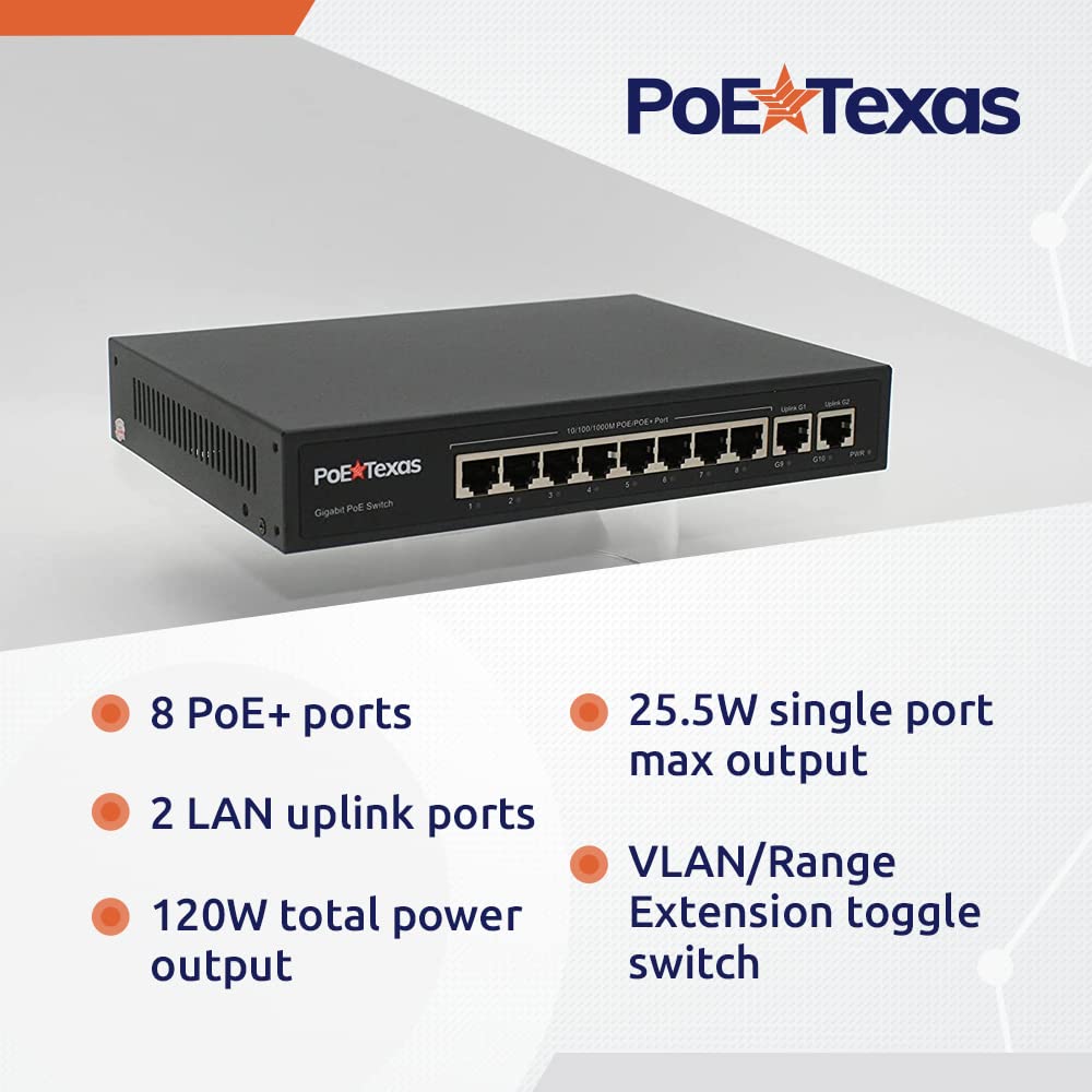 Poe Texas 8 Port Poe Switch   802.3Af/At Power Over Ethernet With 8 Poe+ Ports, 2 Lan Uplink, Vlan & Extender   120W High Speed