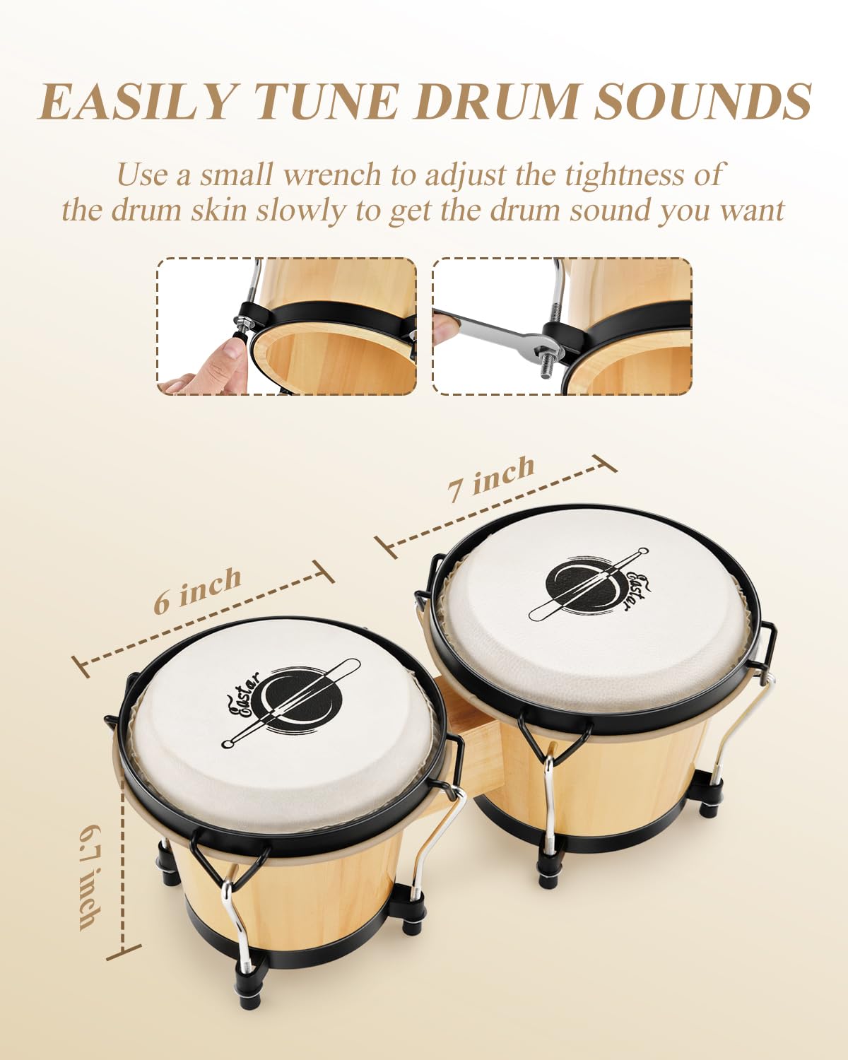 Eastar Bongo Drums 6    And 7    Wood Percussion Instrument Bongos For Kids Adults Beginners Natural Finish, Ebo-1