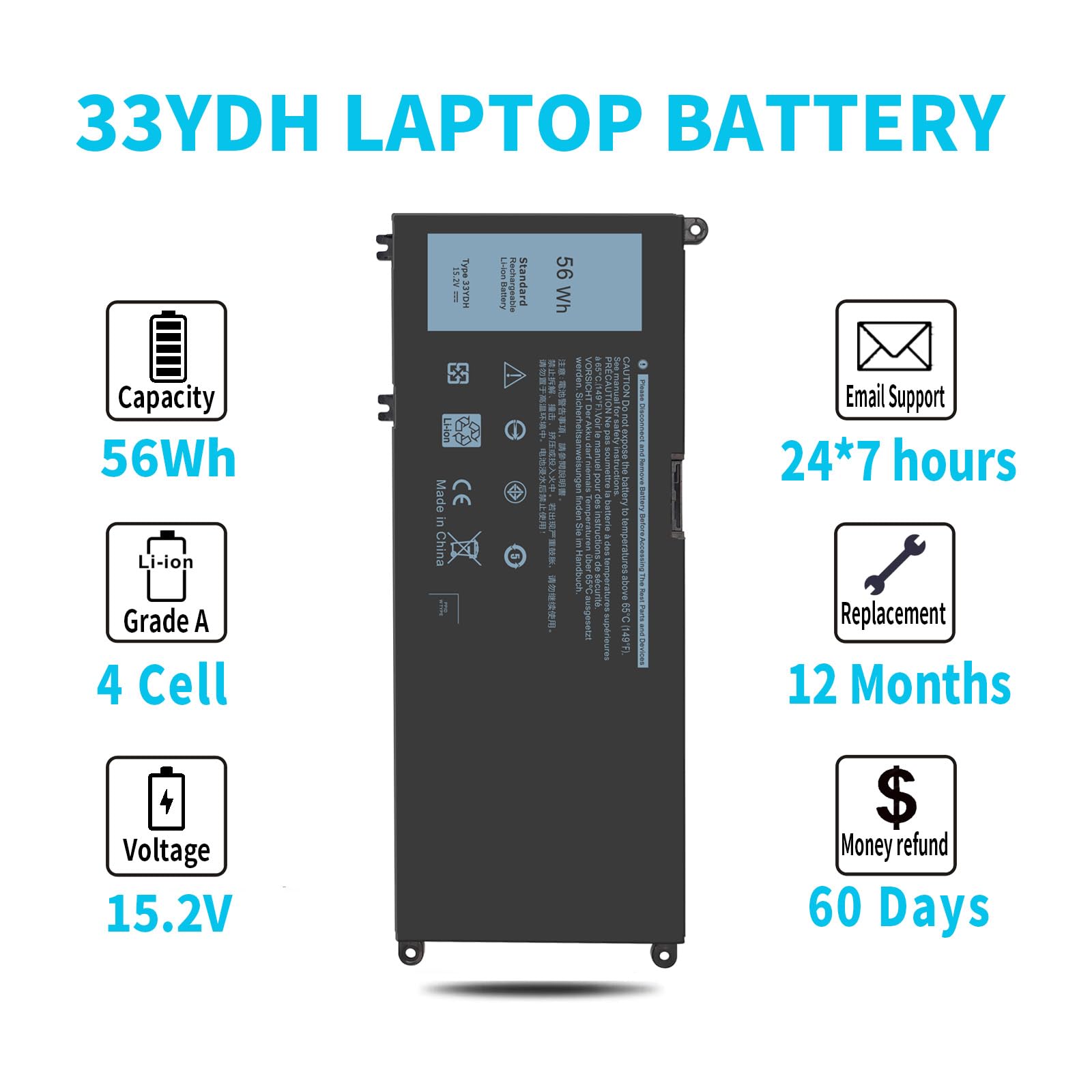 15.2V 56Wh 33Ydh Battery For Dell Inspiron 17 7000 7773 7779 7778 7786 2 In 1 15 7577 Latitude 15 3590 3580 3490 3380 G5 15 5587