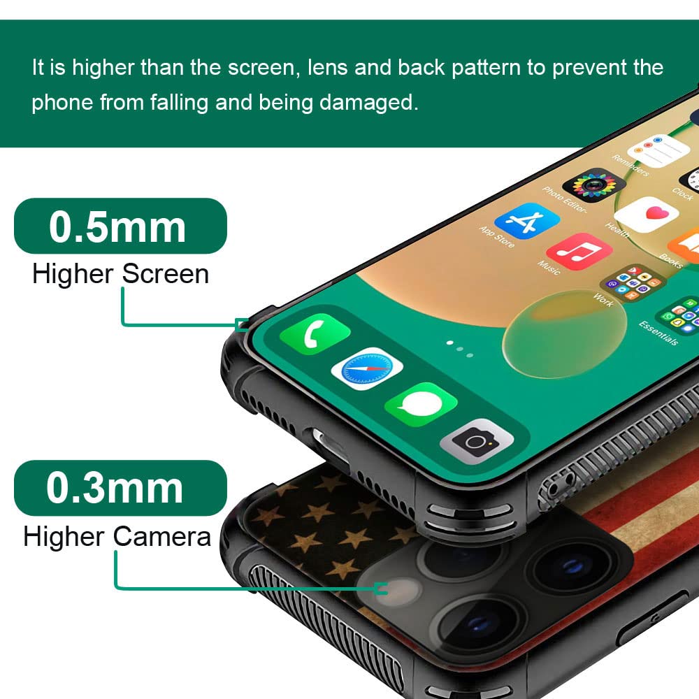 ZHEGAILIAN iPhone 14 Pro Case Vintage Grunge American Flag Tempered Glass TPU Shock Protective