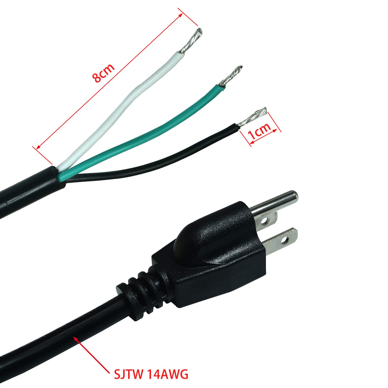 14 Awg Replacement Ac Power Cord With Open End  3 Prong 6 Ft Black Heavy Duty Extension Cable Pigtail, 14/3 Sjtw, Nema 5 15P,15A