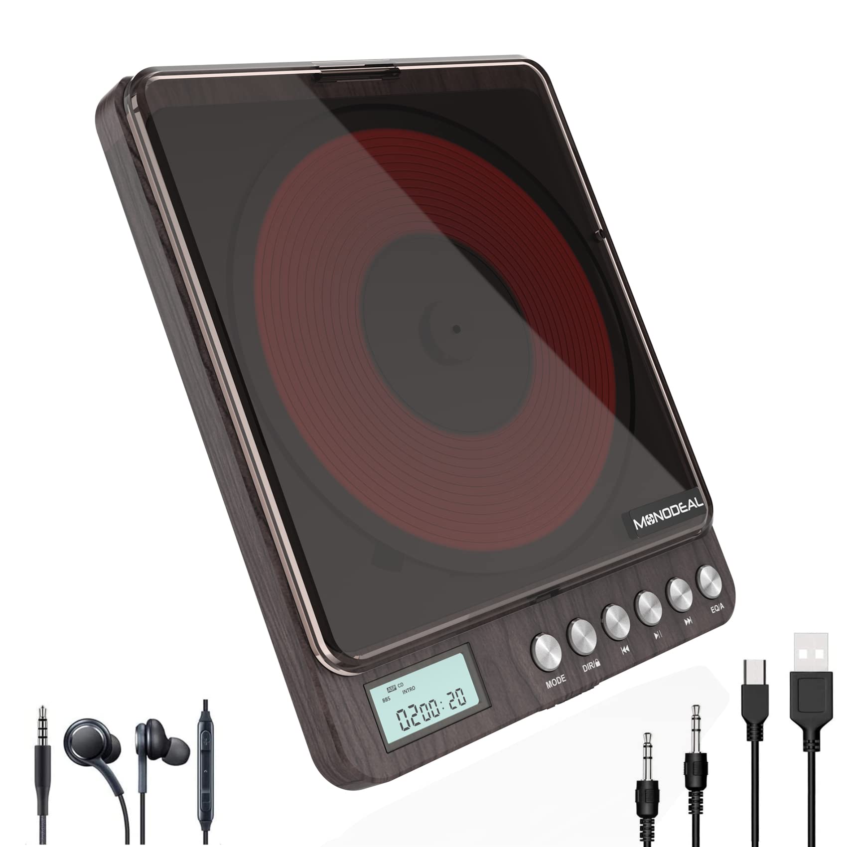 Cd Player Portable, Monodeal Portable Rechargeable Cd Player With Dual Headphones Jack, Small Anti Skip Cd Player For Car/Travel/Home Portable, Personal Cd Player For Adults Kids (Dark Brown)