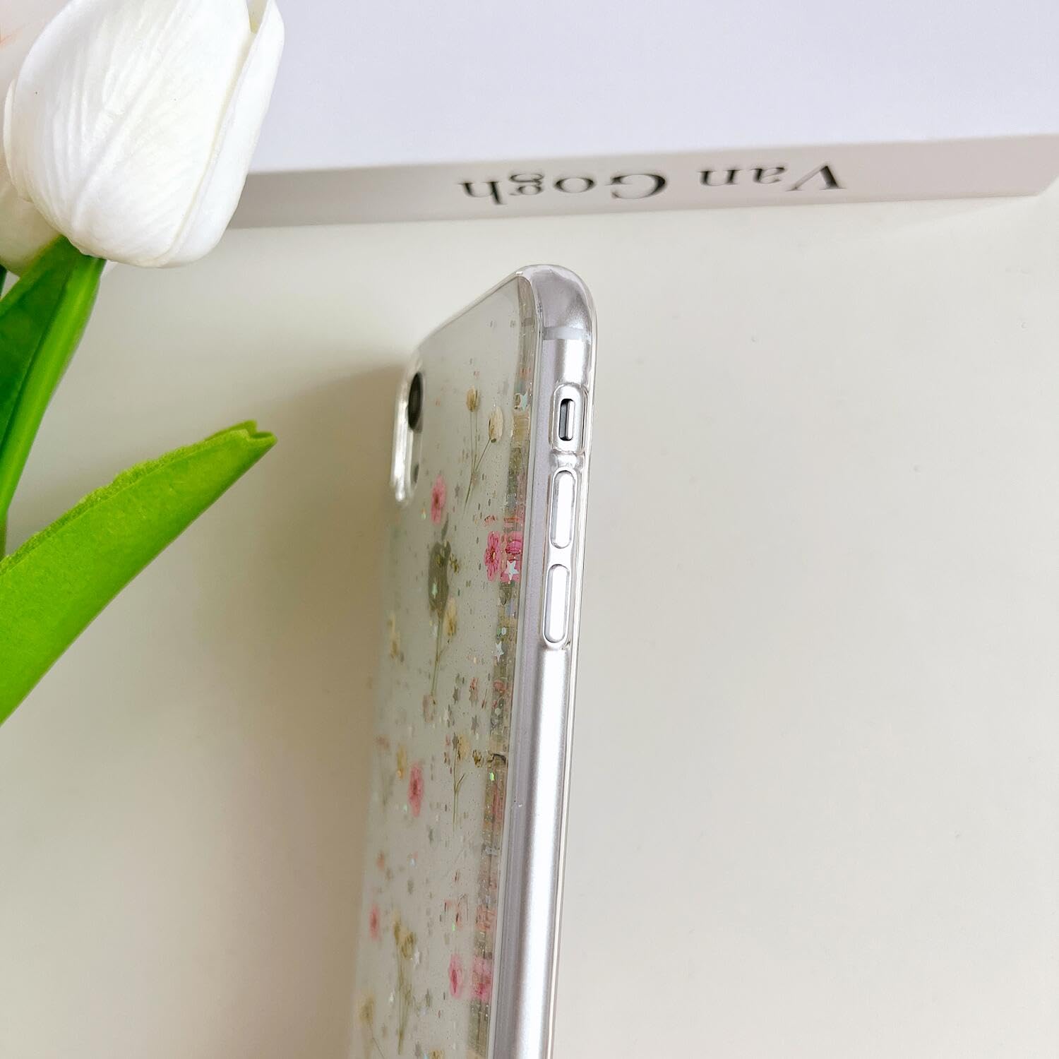 Lseeka For Iphone Xr Clear Case With Pressed Real Flowers Design,Glitter Cute Pink Floral Pattern Slim Soft Tpu Shockproof Prote