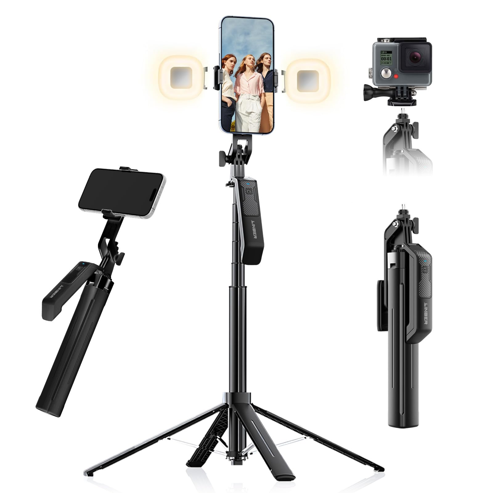 Linber 71'' Phone Tripod Selfie Stick With Wireless Remote & 2 Fill Lights, Extendable Phone Stick For Iphone, Android, Camera &