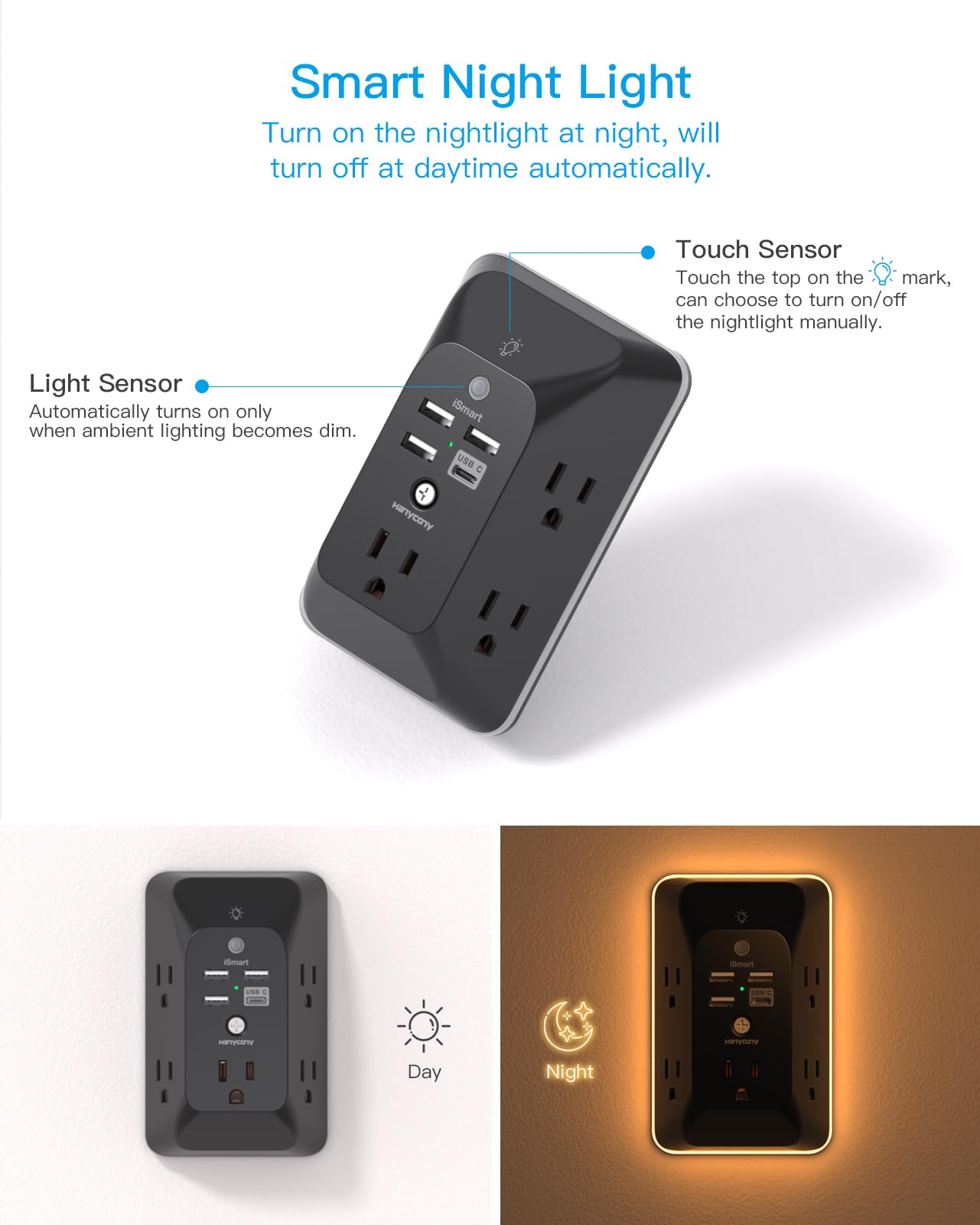 Black Multi Plug Outlet, Outlet Extender With 4 Usb Ports (2 Usb C) And Night Light, 1050J Surge Protector, Wall Mount, Outlet S