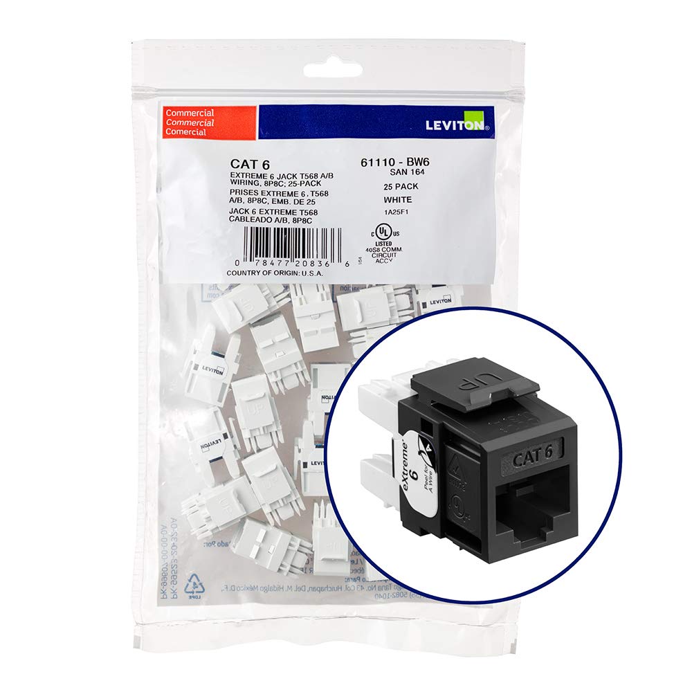 Leviton 61110 BE6 Extreme 6+ QuickPort Connector, CAT 6, Black, 25 Pack