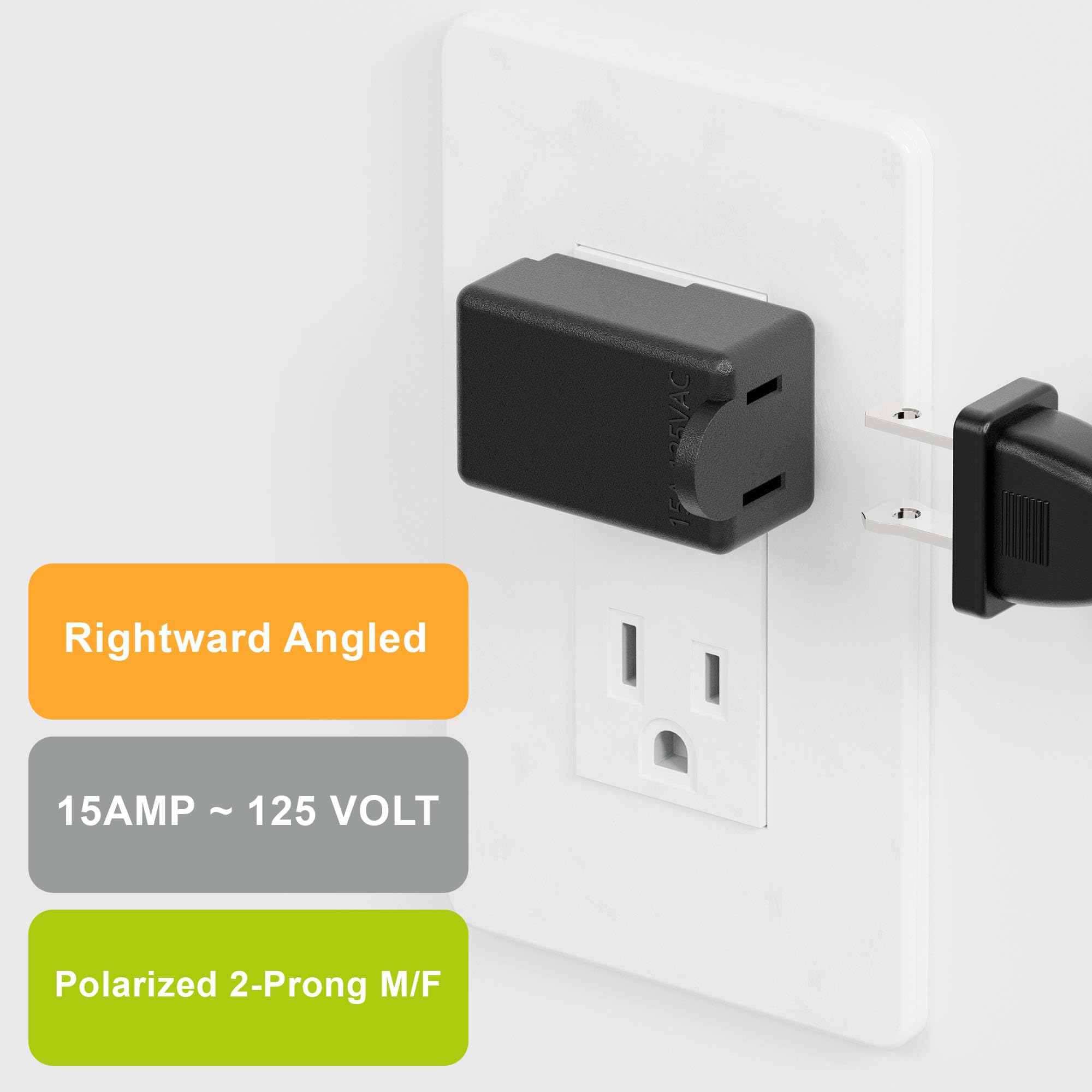 Right Angle Adapter,2 Prong 90 Degree Rightward Angled Ac Adapter, Polarized 2 Prong L Type Adapter, Vertical Right Angled Down