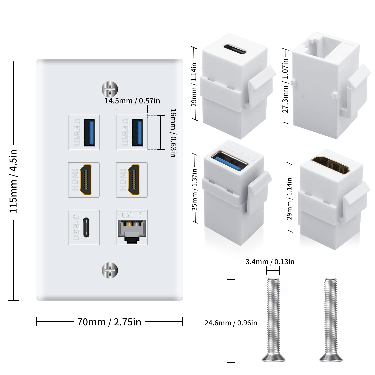 Poyiccot Outlet Wall Plate For Hdmi Ethernet & Usb 3.0 & Usb C, 6Port 2X Hdmi Hdtv + 2X Usb 3.0 +1X Cat6 Rj45 Ethernet + 1X Usb