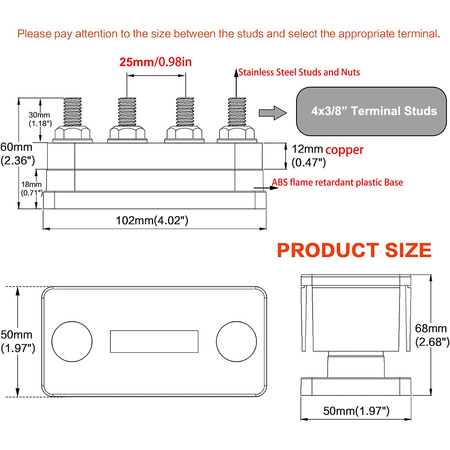 Sturdy Copper Busbar 12V 600A Power Distribution Block 4 X 3/8'' Studs Positive Terminals 48V Dc Battery Bus Bar With Nickel Pla