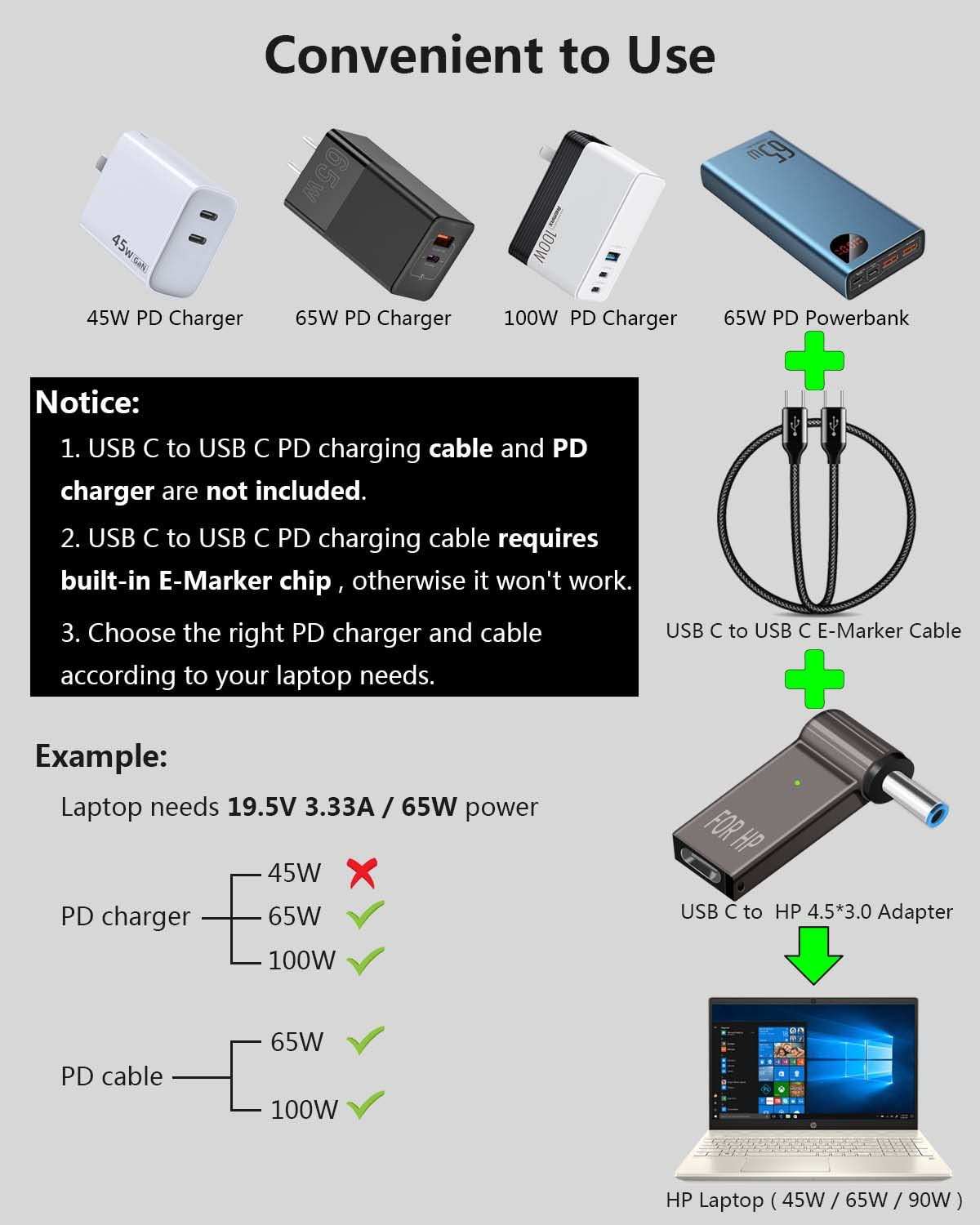 TASUMATO USB C to 4.5mm Laptop Charging Adapter - 100W PD Power Charger Connector - Black for HP Probook Elitebook ENVY 17 13 15