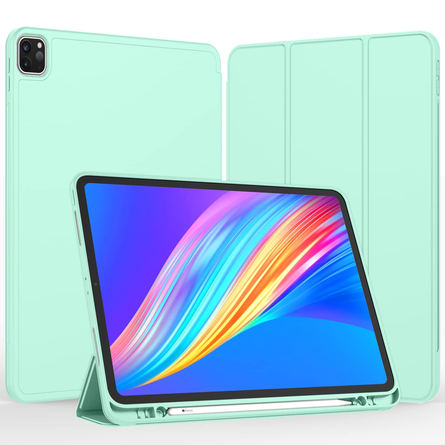 Imieet New Ipad Pro 12.9 Case 2022(6Th Gen)/2021(5Th Gen) With Pencil Holder [Support Ipad 2Nd Pencil Charging/Pair],Trifold Stand Smart Case With Soft Tpu Back,Auto Wake/Sleep(Light Green)