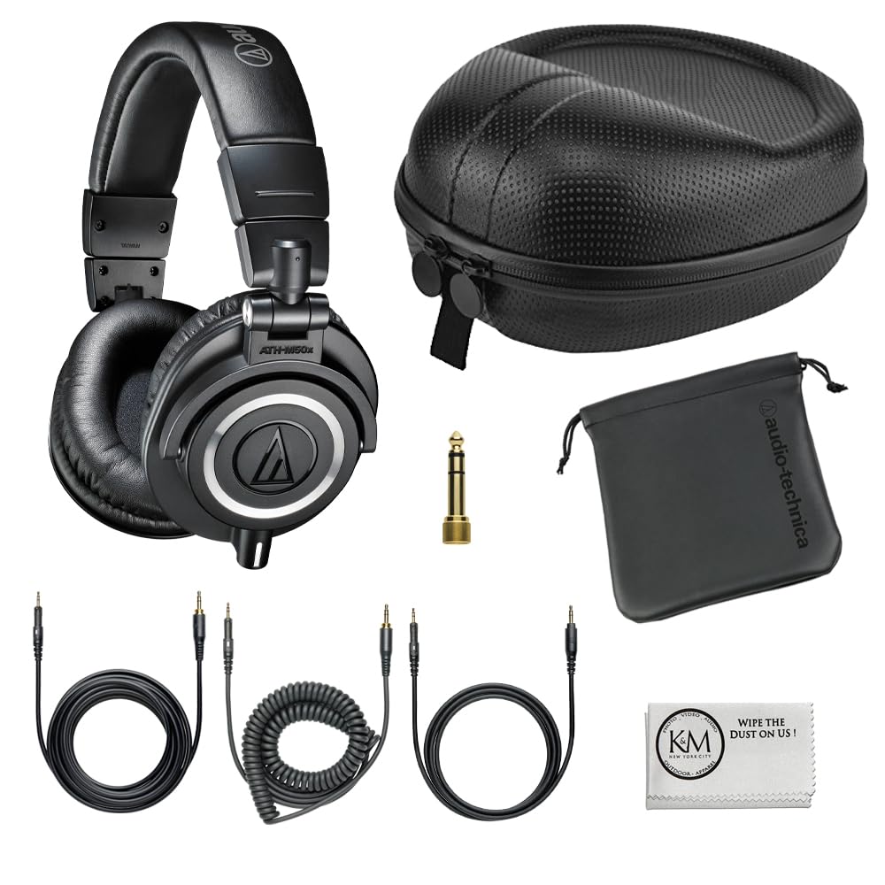 Audio-Technica ATH-M50x Professional Studio Monitor Headphones | Black Bundle with Full Sized Hard Body Headphone Case and Micro