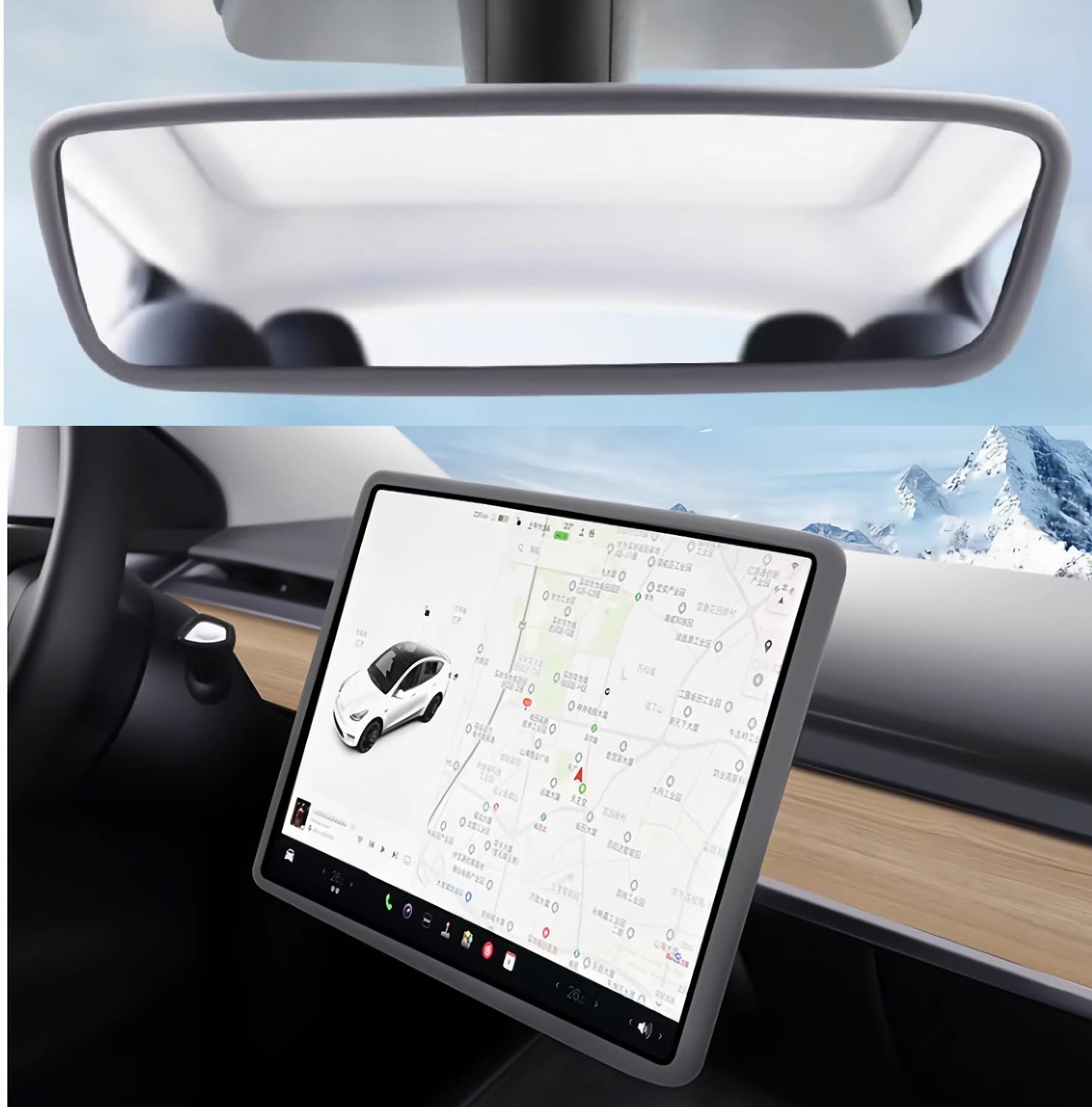 Screen Protector Silicon Frame + Rear View Mirror Cover For Tesla Model 3 (2017 2023) Model Y, 15'' Center Control Touchscreen,G