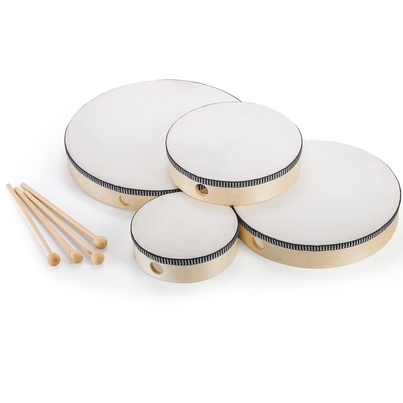 Foraineam 4 Pack Hand Drum 12 Inch 10 Inch 8 Inch 6 Inch Wood Drum Set Musical Educational Percussion Instrument Wooden Frame Dr