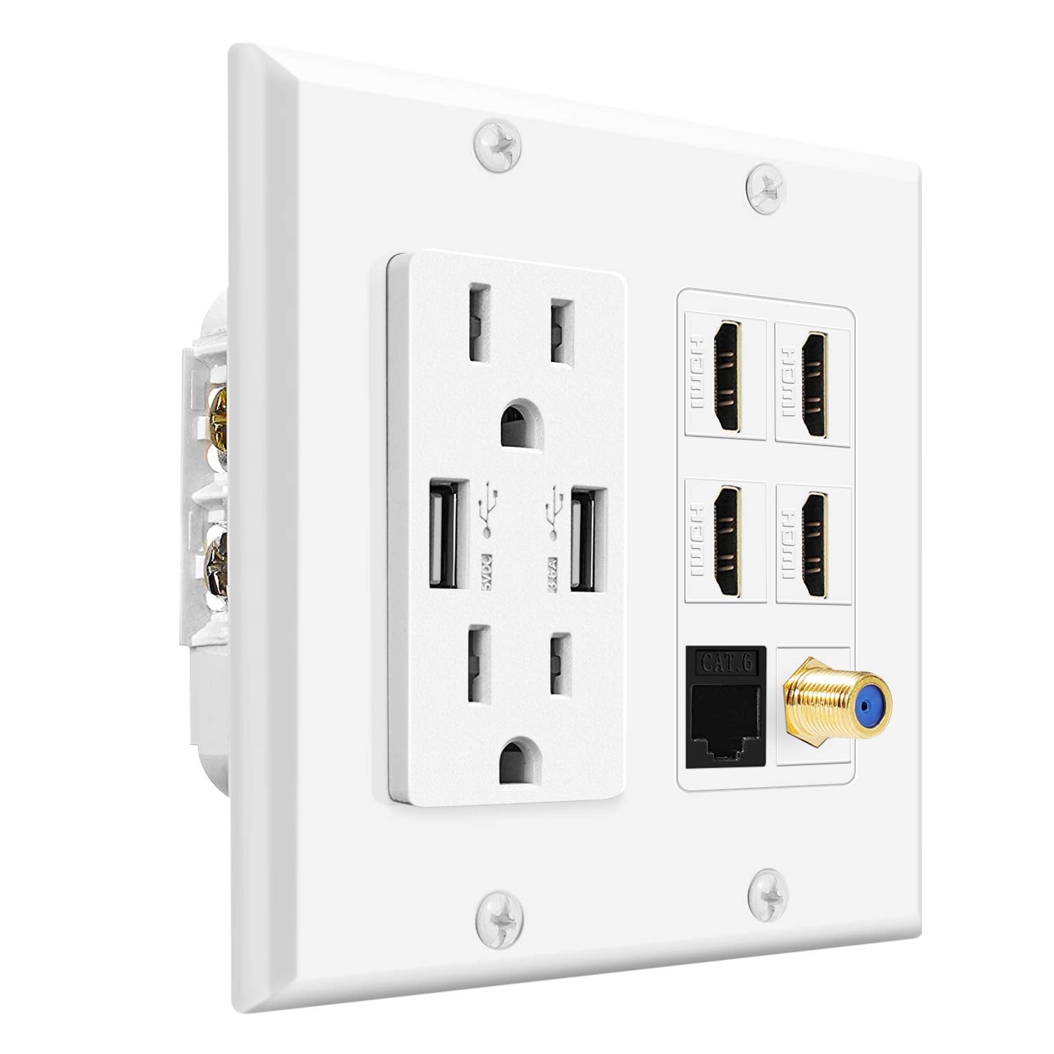 Tnp Multimedia Outlet Box (White)   Hdmi Outlet Wall Plate With Usb Charging, Usb Wall Plate Charger And Power Outlet 15A, 4 Hdm