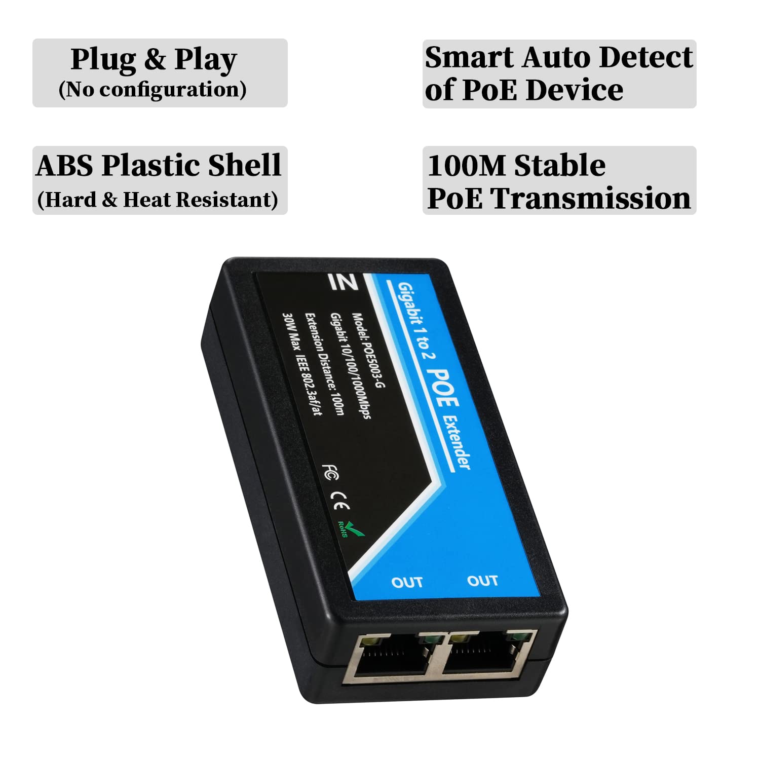 Revotech Gigabit 2 Port Poe Extender, Ieee 802.3Af/At Poe+ Standard, 10,100,1000Mbps, Poe Repeater 100 Meters(328 Ft), Extender