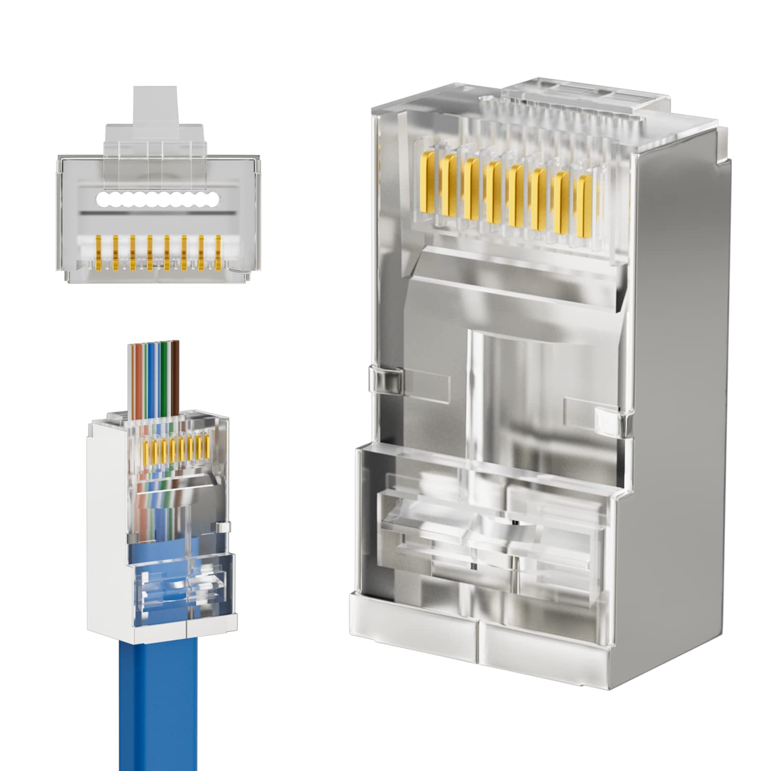 iwillink 50-Pack Shielded RJ45 Cat6 Pass-Through Connectors, STP Crimp Modular Plugs, 50U Gold-Plated, 3-Prong for Solid and Str